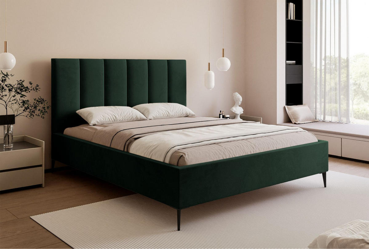 POLSTERBETT Masego Dunkelgrün mit Metallbeinen, Velours, 140x200 cm - Dunkelgrün/Schwarz, Textil/Metall (140/200cm) - Selsey
