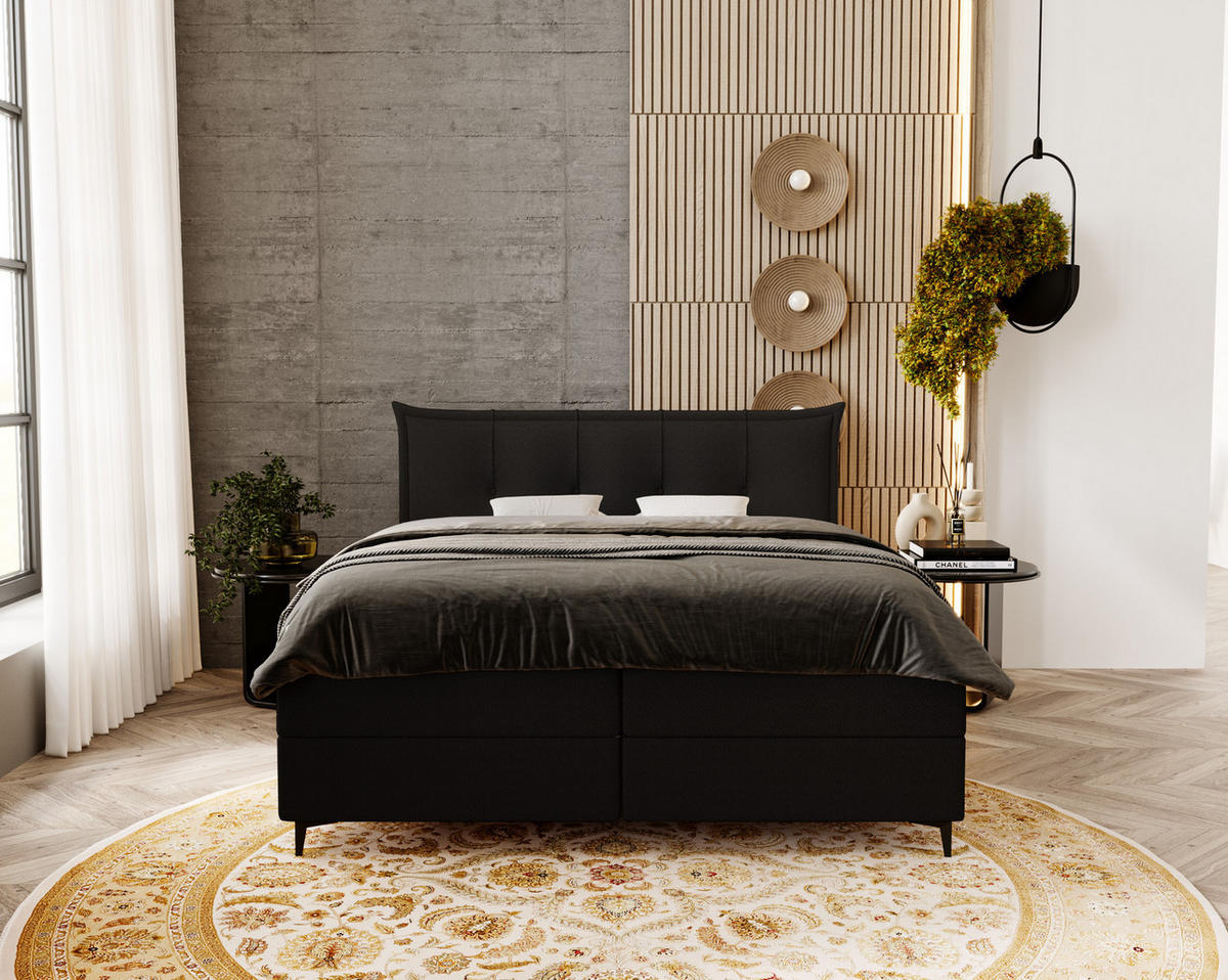 BOXSPRINGBETT Boucle 200x200 Liron mit Kissen-Kopfteil und Matratze, Schwarz - Schwarz, Holz/Textil (200/200cm) - Emporius