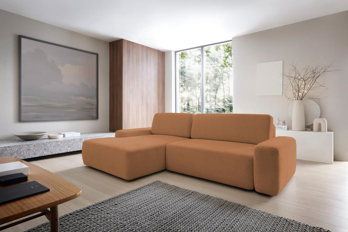 ECKSOFA BOULI 4-Sitzer ECKSOFA BOULI Raven Polstersofa mit Schlaffunktion 130x210cm Bettzeugablage 264x162x82cm linksseitig Farbe: orange - Orange, Holz/Textil (162/264cm) - DomoHome