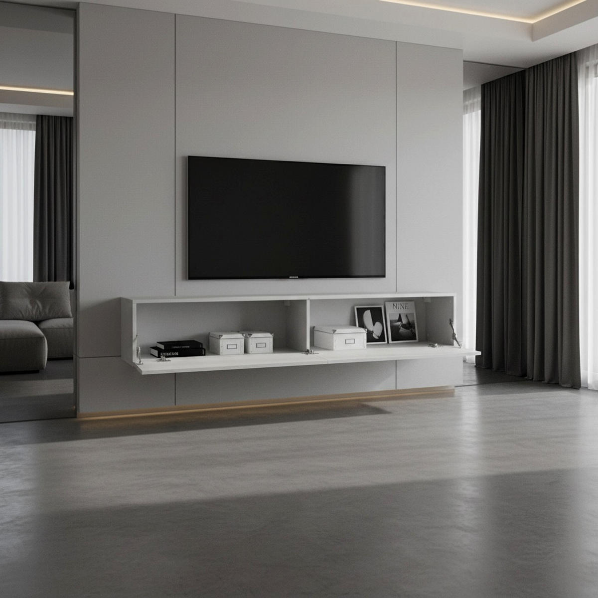 LOWBOARD Lia, hängendes Tv-Board, Moderner Fernsehschrank 165 cm lang Fernsehtisch, Weiß matt/Weiß Hochglanz (38,5 x 165 x 30 cm) - Weiß Hochglanz, Holzwerkstoff (165/30/38.5cm) - InnoFurn