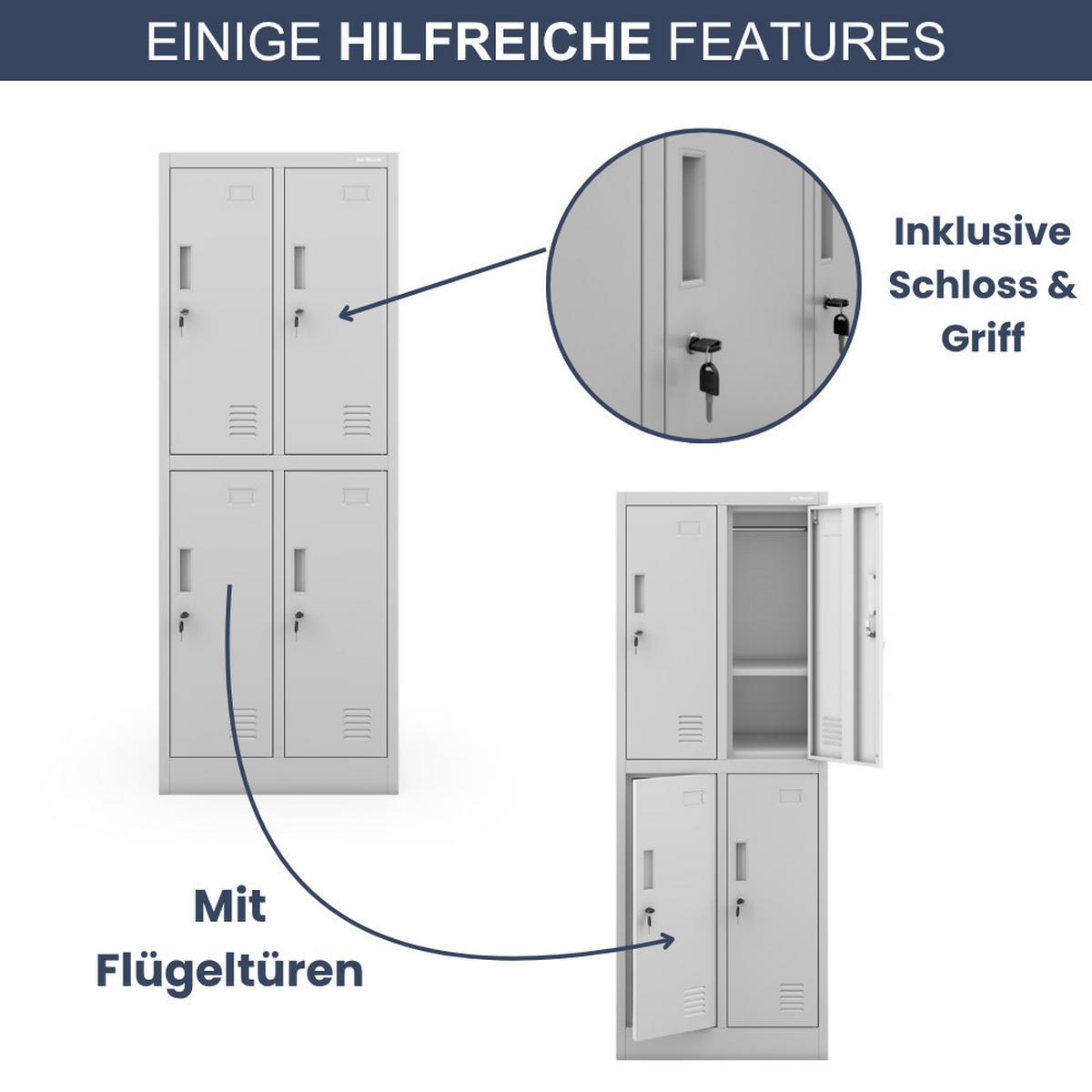UMKLEIDESCHRANK Spind TOKIO 4 Abteile 150x55,9x45cm Grau - Grau, Metall (55.9/150/45cm) - DELUKE