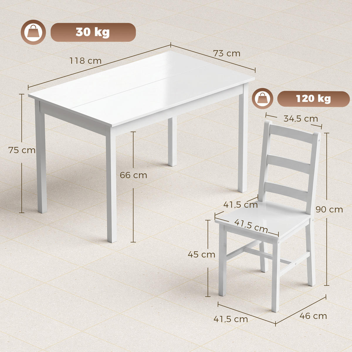 ESSGRUPPE 5er Set Kiefernholz Weiß - Weiß, Holz (73/75/118cm) - HOMCOM