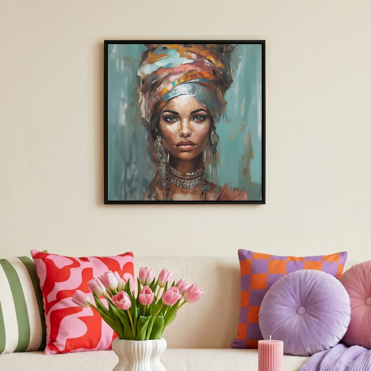LEINWAND Bilder mit Rahmen - Frau - Kunst - Schmuck - Porträt - 50x50 - Blaugrau, Textil (50/50cm) - MuchoWow
