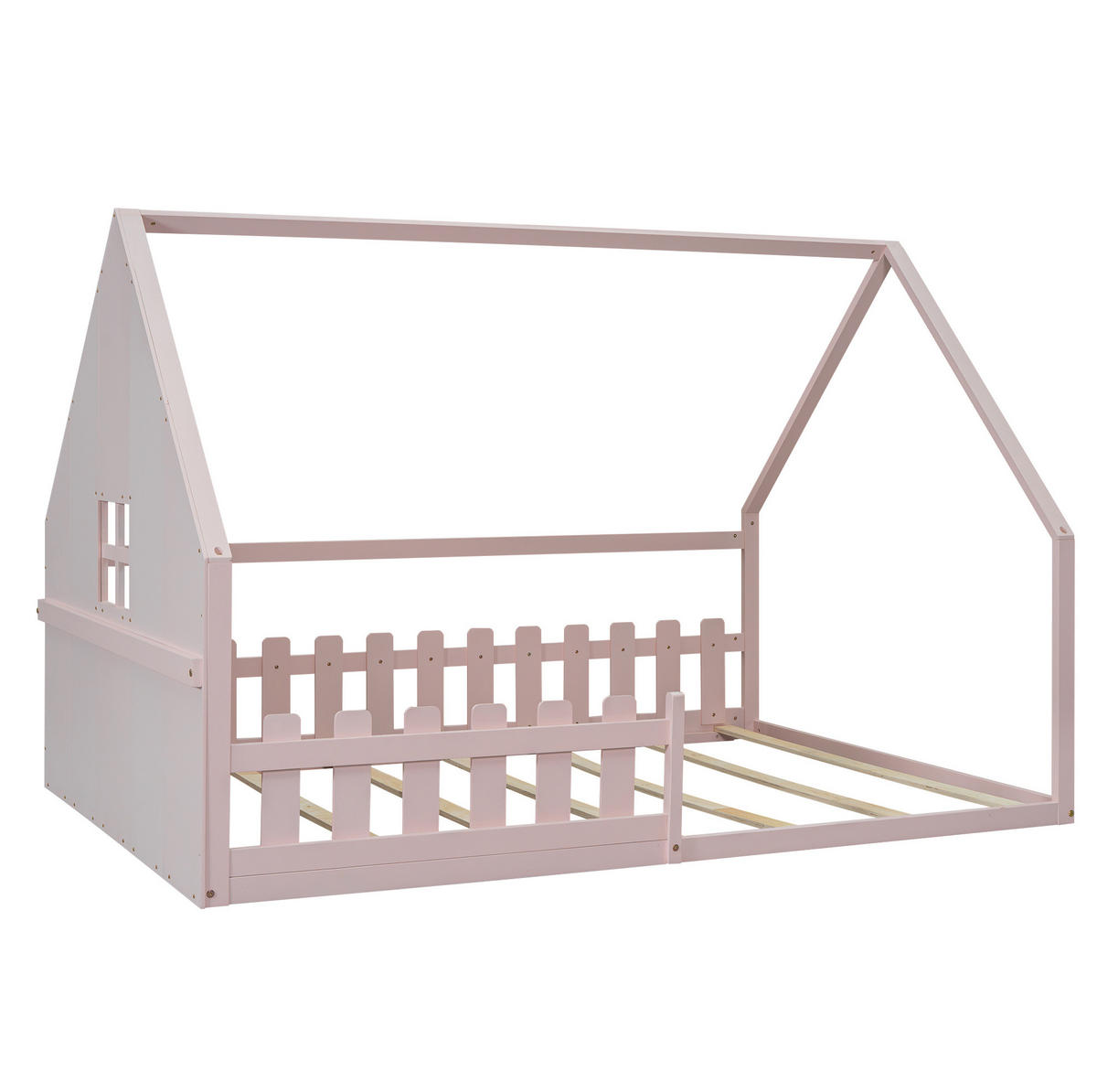 KINDERBETT 140/200 cm im Hausdesign mit Geländer aus Kiefer und MDF, Rosa - Rosa, Holzwerkstoff (140/200cm) - Redom