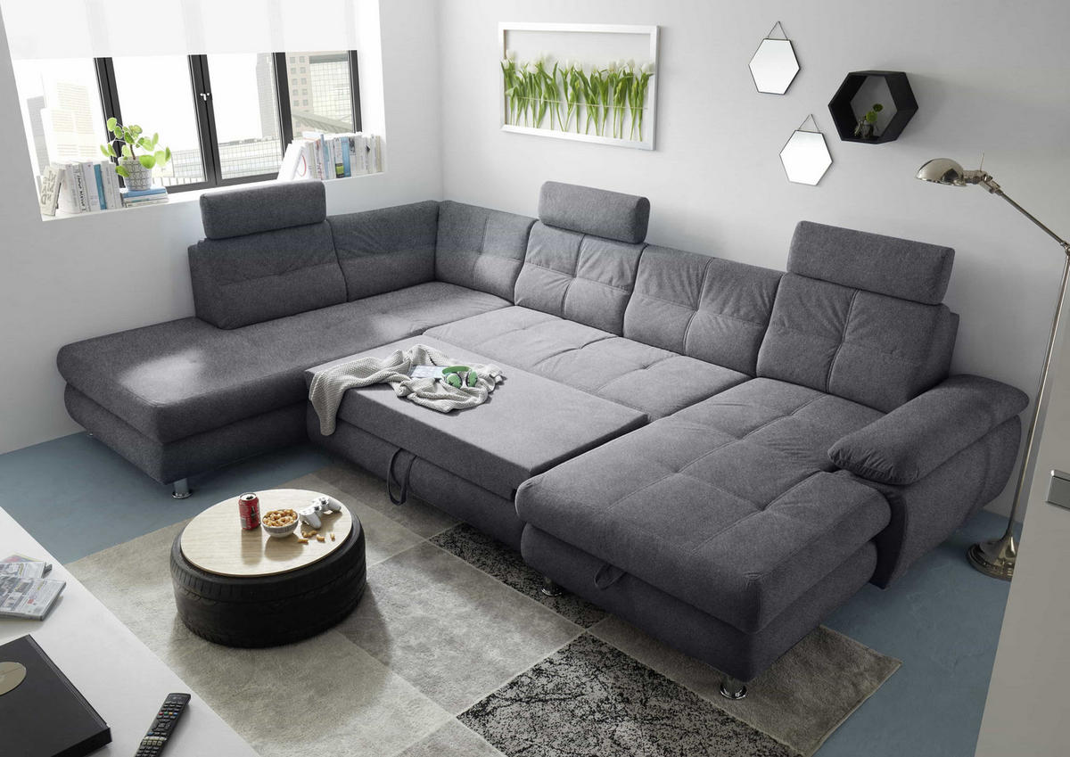 WOHNLANDSCHAFT mit Schlaffunktion, Bettkasten und verstellbaren Arm- und Kopflehnen - Chromfarben/Anthrazit, Textil/Metall (349/88/233cm) - ed exciting design