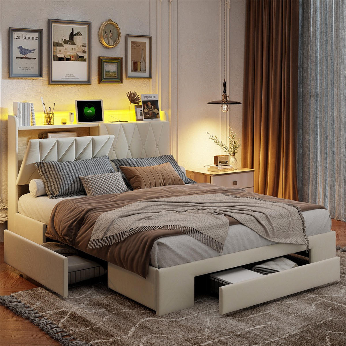 POLSTERBETT 160x200 cm mit aufklappbarem Stauraumkopfteil - 3 Schubladen und LED-Beleuchtung - ohne Matratze - Beige - Beige, Textil (160/200cm) - DELFA
