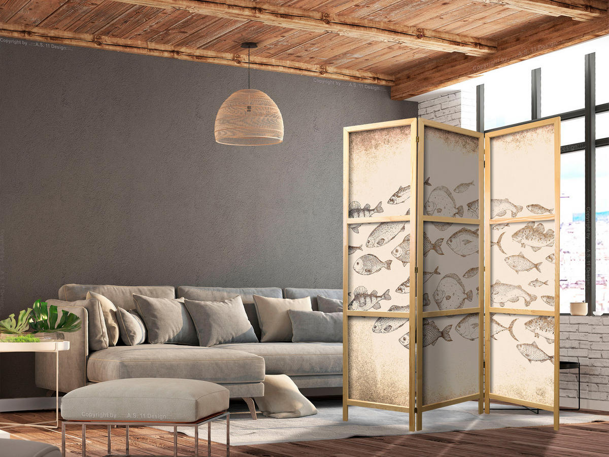 PARAVENT Japanischer 3-tlg 135x172 cm Retro Fische - Beige, Holz/Textil (135/172/3cm) - Muralo