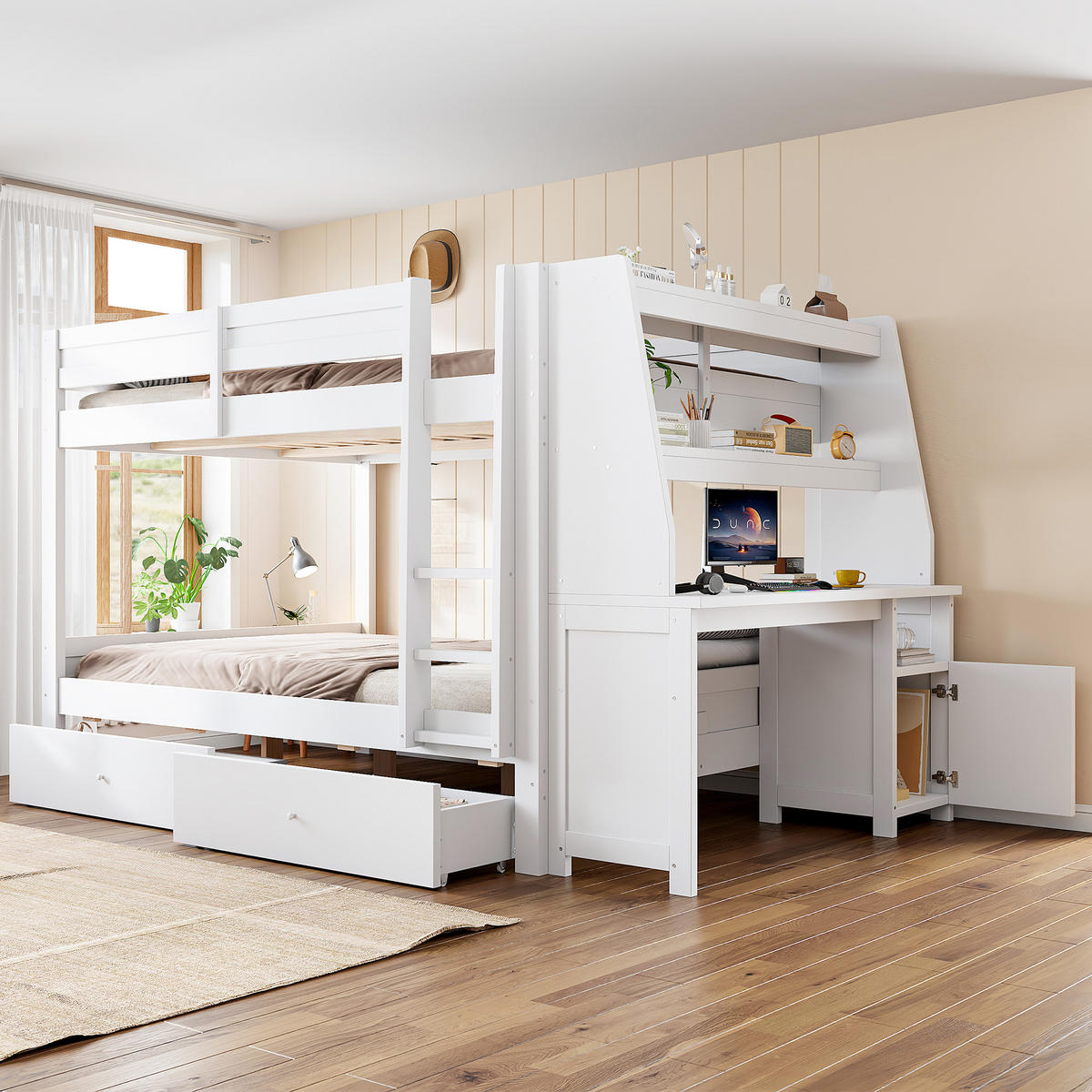 ETAGENBETT 140/200 cm mit Schrank und Schreibtisch, DE-41578, in Weiß - Weiß, Holzwerkstoff (140/200cm) - ComfortXL