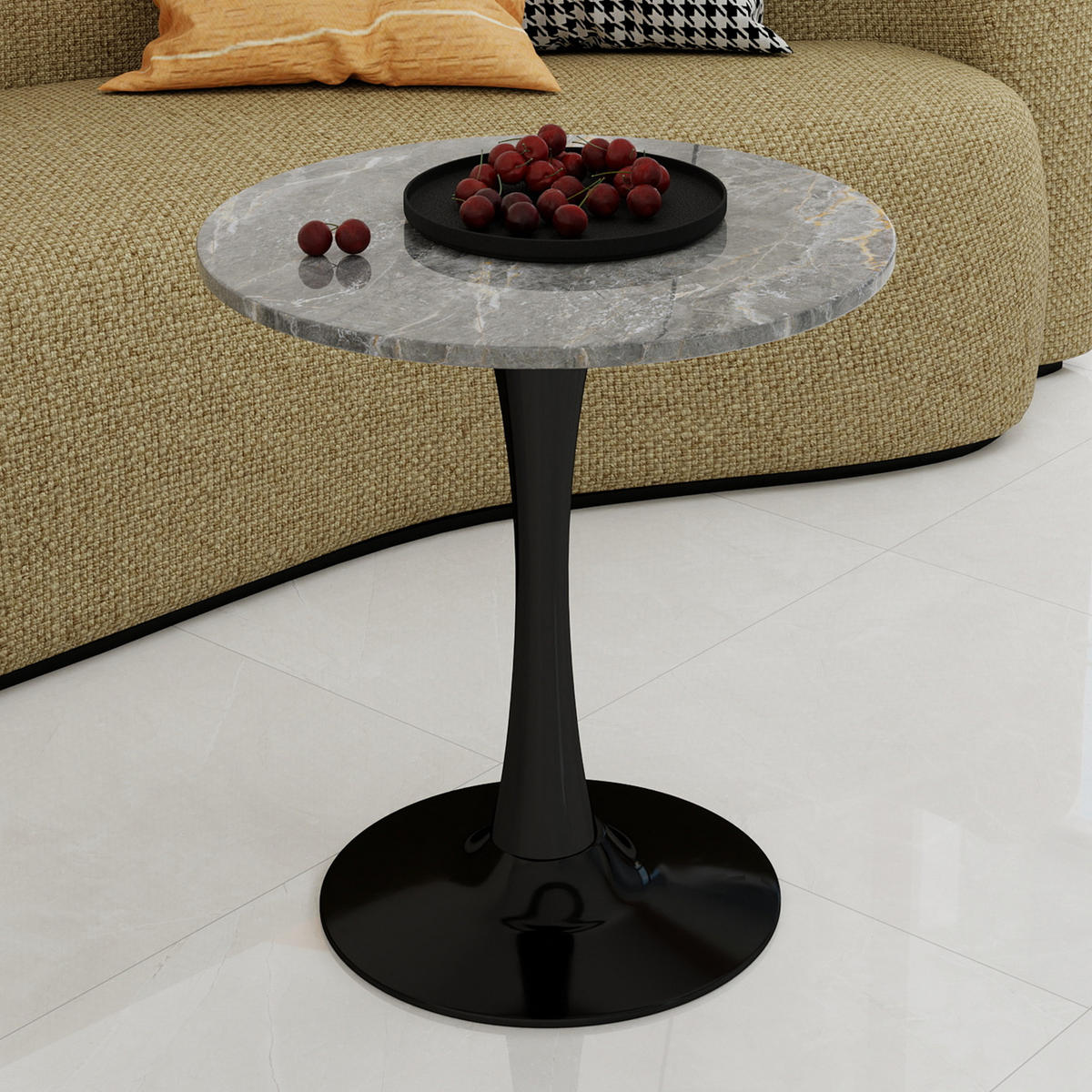 COUCHTISCH in Schwarz und Grau Wohnzimmertisch mit einer runden Marmor-Tischplatte für Wohnzimmer, B70/T70/H72 cm - Goldfarben/Schwarz, Stein/Metall (70/70/72cm) - STILVORA