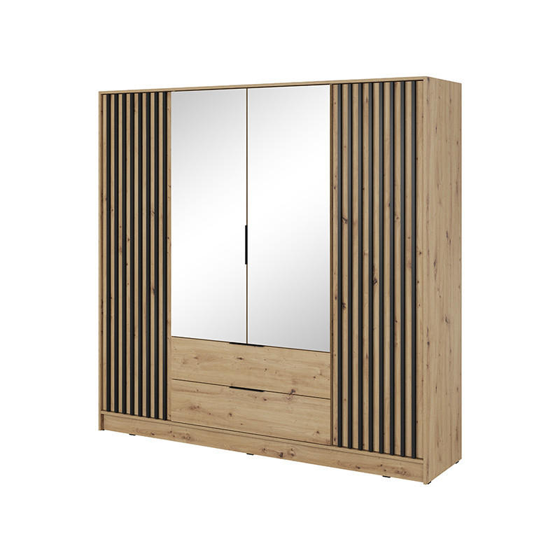 KLEIDERSCHRANK Nelly 4D, Eiche, Schwarzer Paspelierung, mit Spiegel und Schubladen - Schwarz/Eiche Artisan, Holzwerkstoff (206/200/51cm) - Bettso