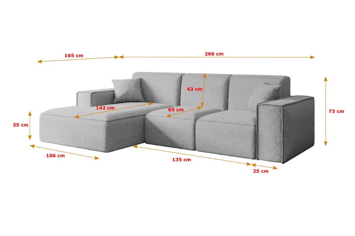 ECKSOFA Ottomane Links SERRA-L - 266x165x73 cm Hellgrau Bouclé - Hellgrau/Schwarz, Holzwerkstoff/Kunststoff (165/266cm) - ALTDECOR