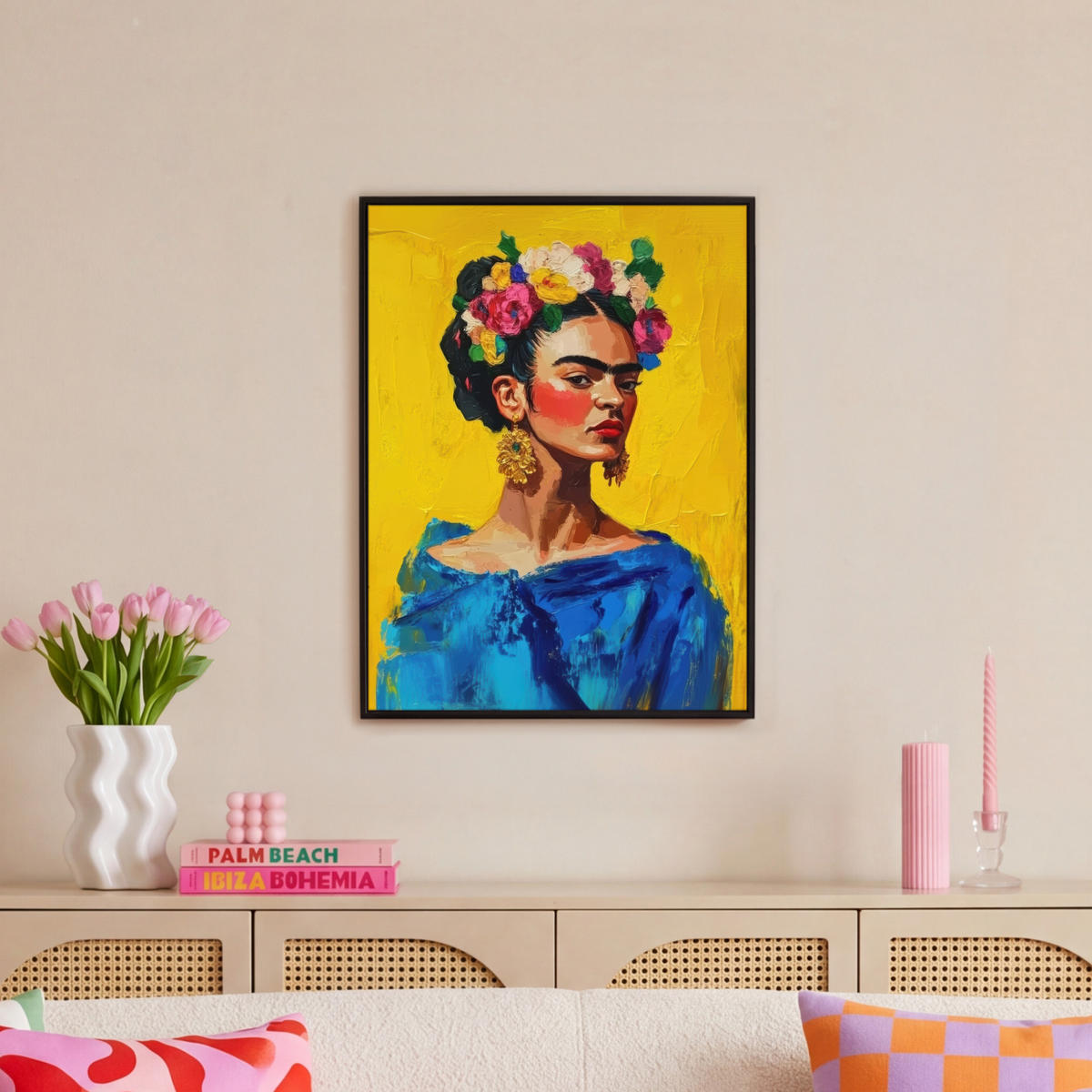 LEINWAND Bilder mit Rahmen - Frida Kahlo - Frau - Gelb - Blau - Blumen - 60x80 - Gelb, Textil (60/80cm) - MuchoWow
