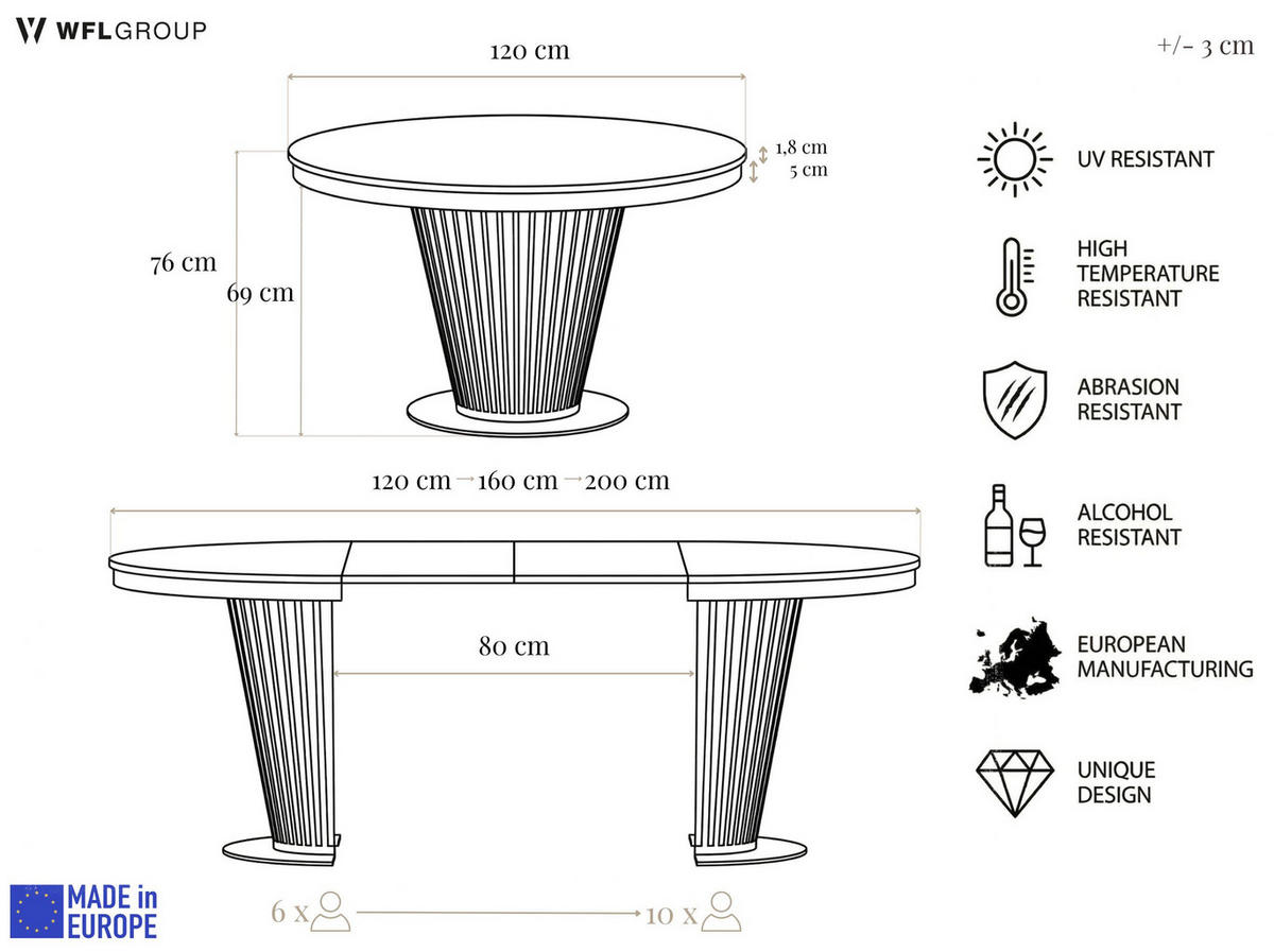 ESSTISCH Novera rund ausziehbar mit Schwarzem Lamellen-Metallgestell, Braun 120-200/120/76 cm - Eichefarben/Schwarz, Holzwerkstoff/Metall (120/120/76cm) - WFL GROUP