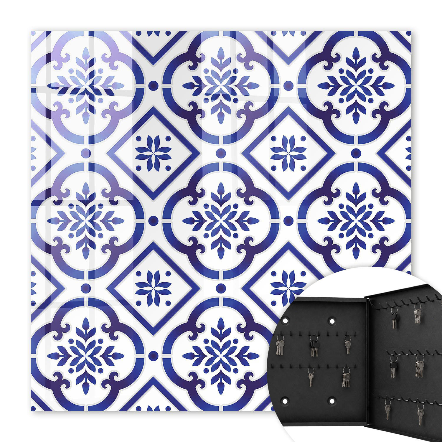 SCHLÜSSELBOX Schwarz 30x30 cm- Türöffnung nach rechts - Elegante Muster - Blau, Metall (30/30/5cm) - TULUP