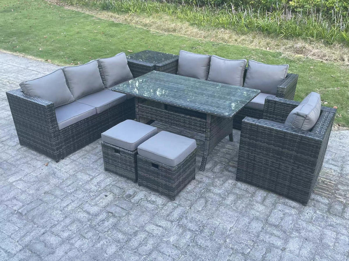 SITZGRUPPE Polyrattan Dunkelgrau 9-Sitzer - Dunkelgrau/Grau, Glas/Kunststoff - Fimous