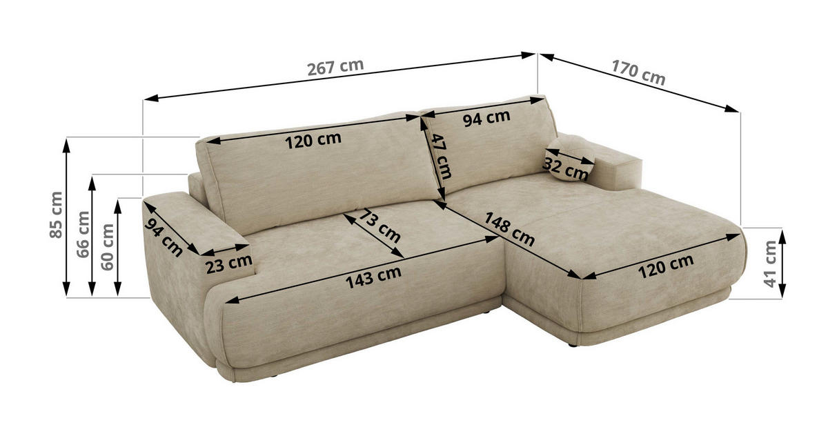 ECKSCHLAFSOFA RINA L Beige Schenille glatt - rechts - Beige/Schwarz, Kunststoff/Textil (170/267cm) - MKS