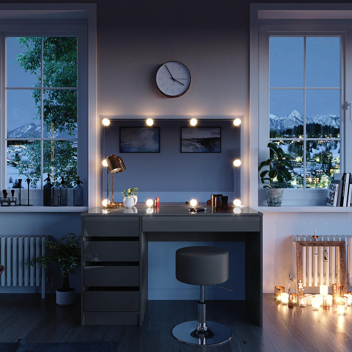 SCHMINKTISCH Sherry Grau 120 cm mit LED Beleuchtung und Hocker - Grau, Holzwerkstoff (120/75/55cm) - Vicco