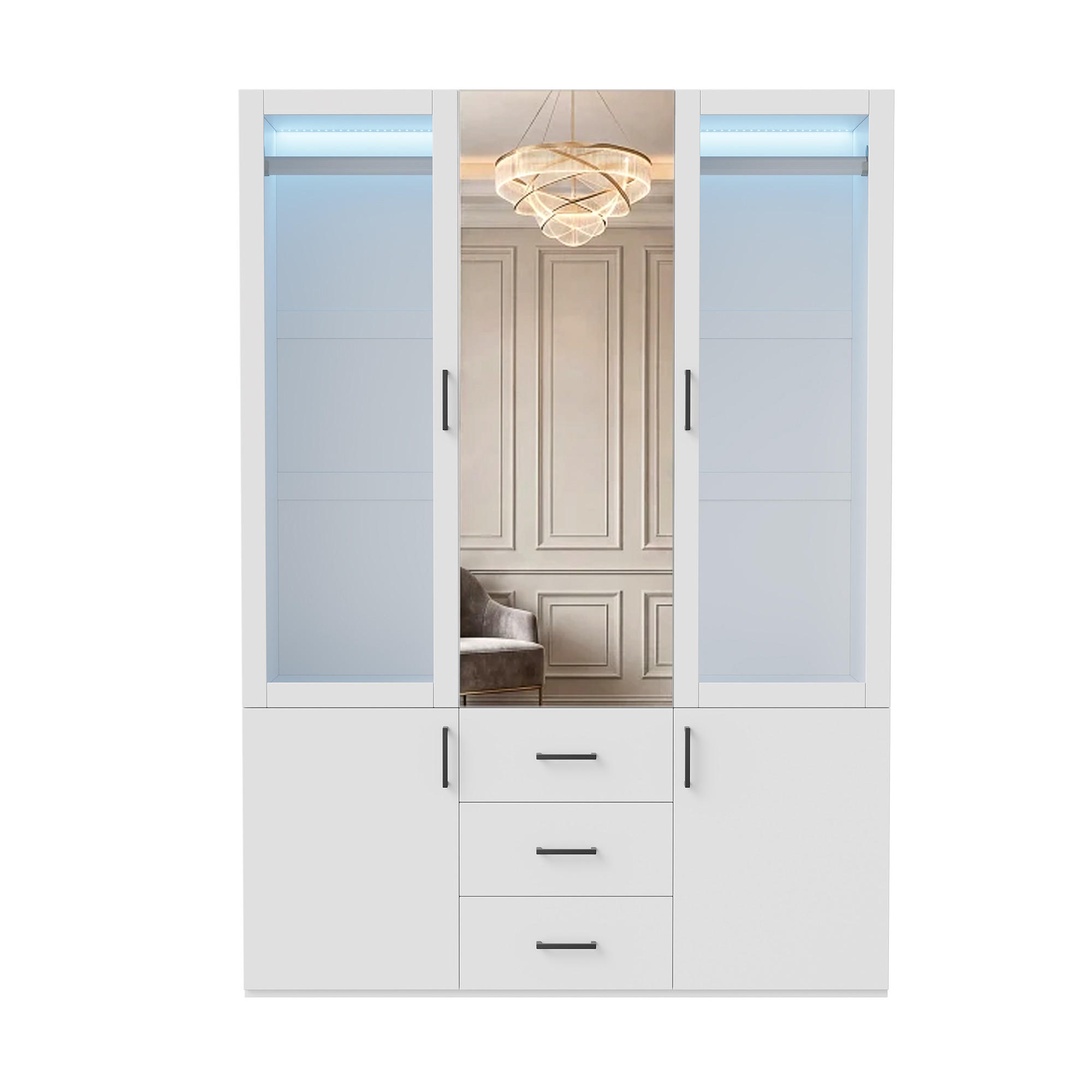 SHOPENTRA SKŘÍŇ 130cm bílá se zrcadlem a LED osvětlením, 3 zásuvky