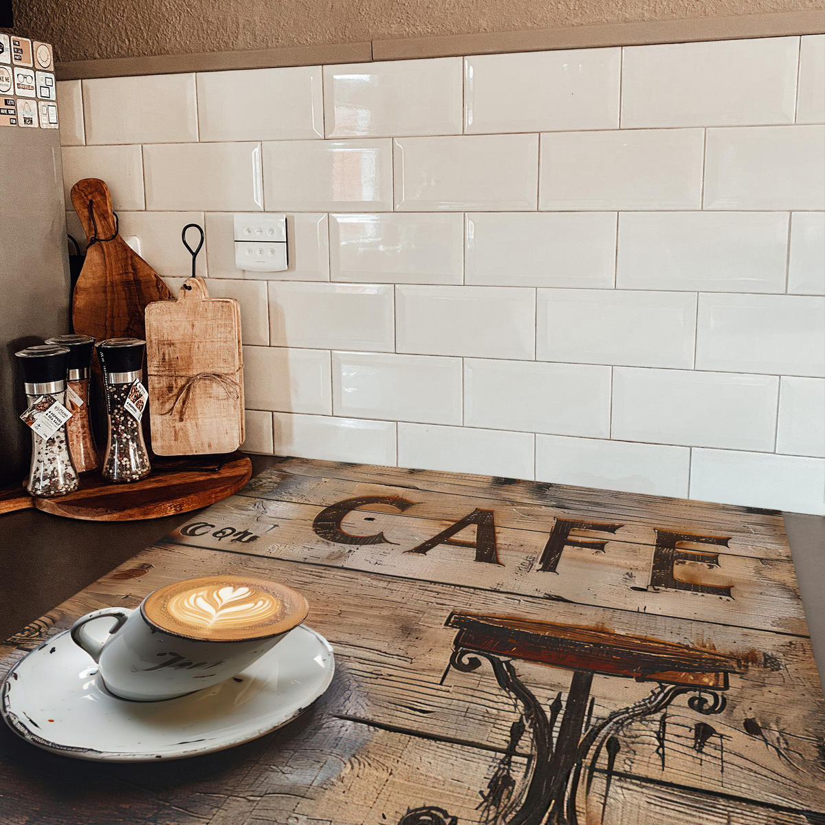 HERDABDECKPLATTE Cafe - Holz - Kaffee - Regale Induktionsmatte 78x78 cm - Schwarz, Kunststoff (78/78/0.2cm) - MuchoWow