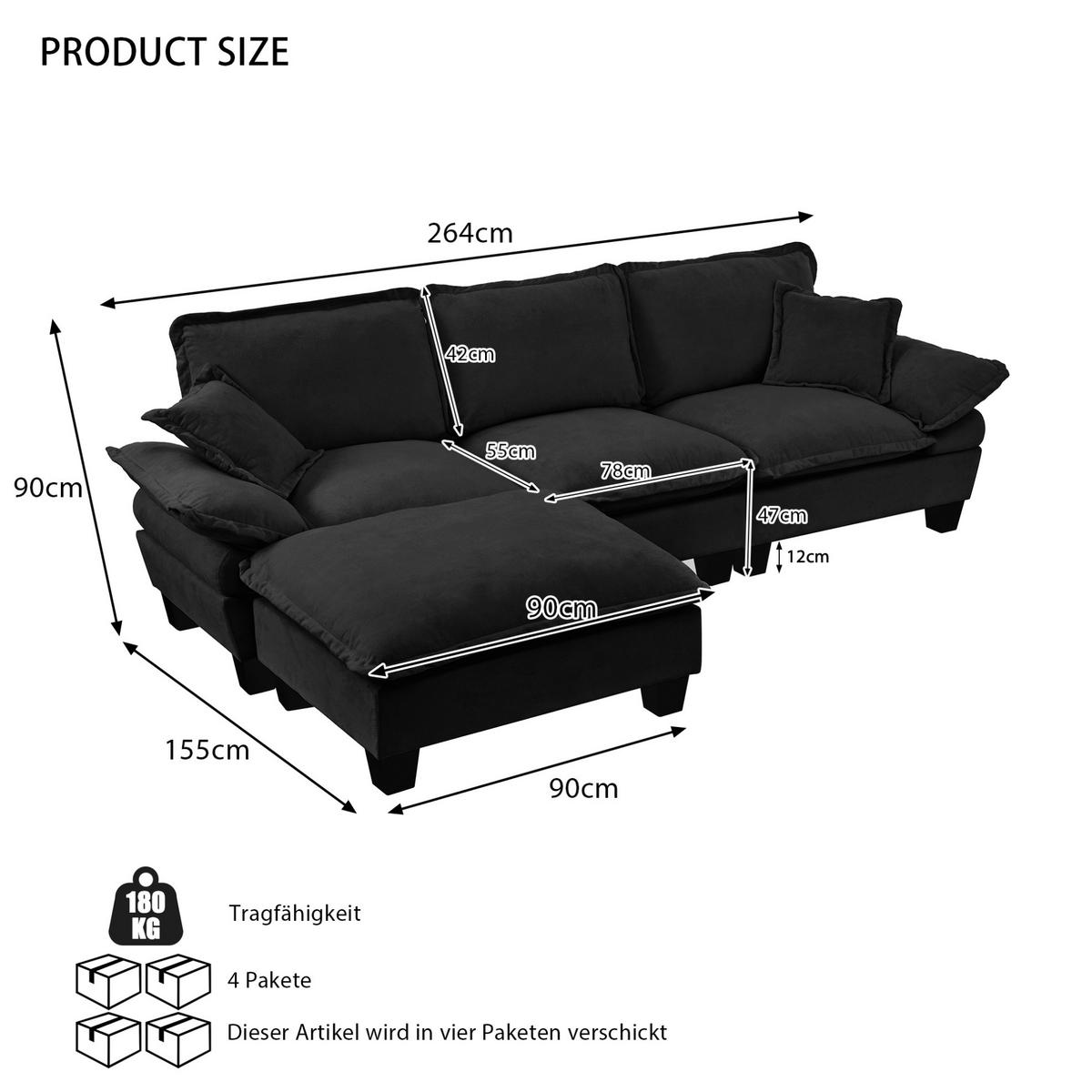 ECKSOFA mit Ottomane 263 x 151 x 90 cm Schwarz - Schwarz, Holz (151/263cm) - Meubliv