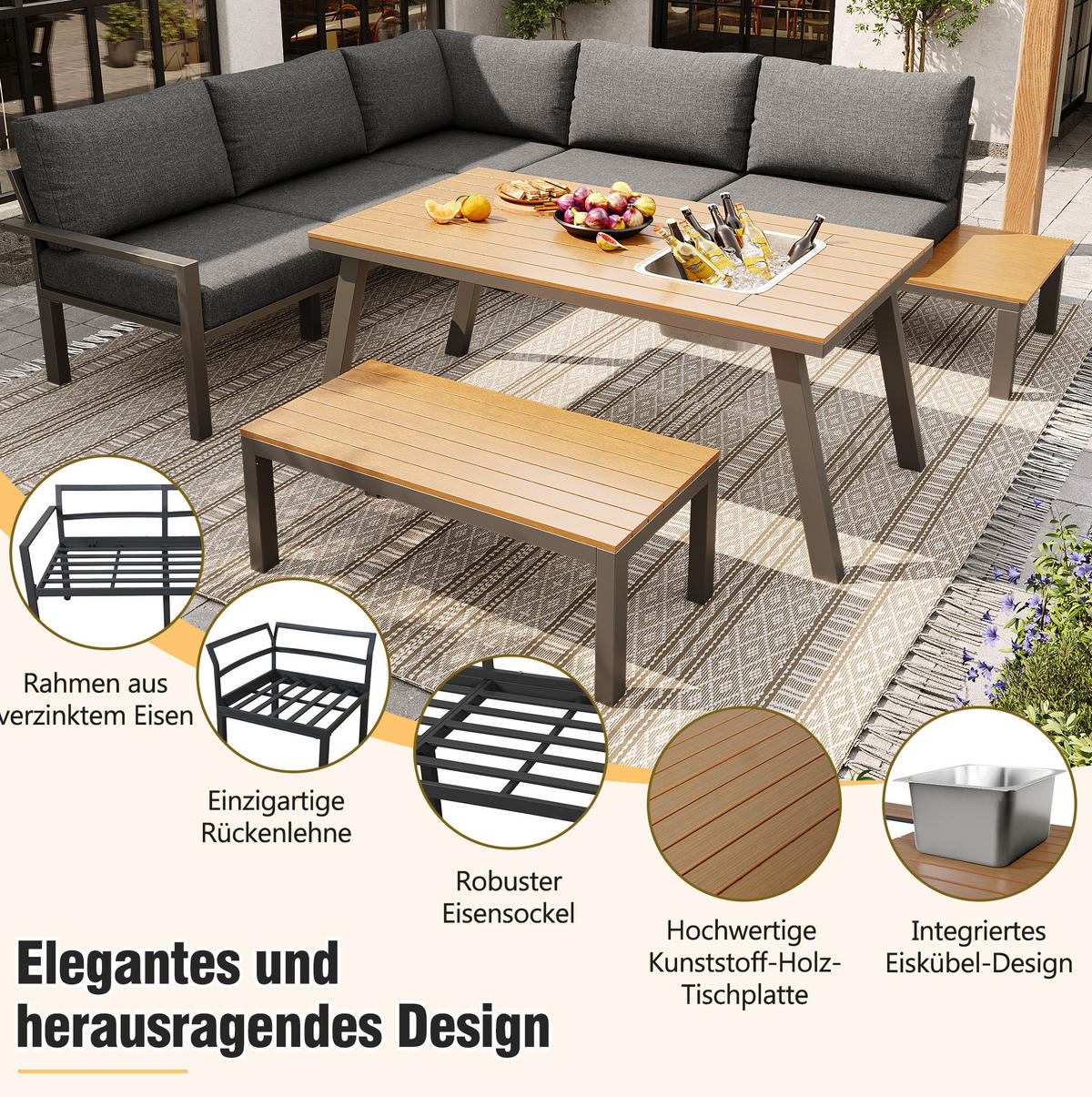 GARTEN-LOUNGE-SET, Metallgestell mit Polstern & Tisch mit Eiskübel, 147/60/65 cm, Grau - Grau, Metall - Redom