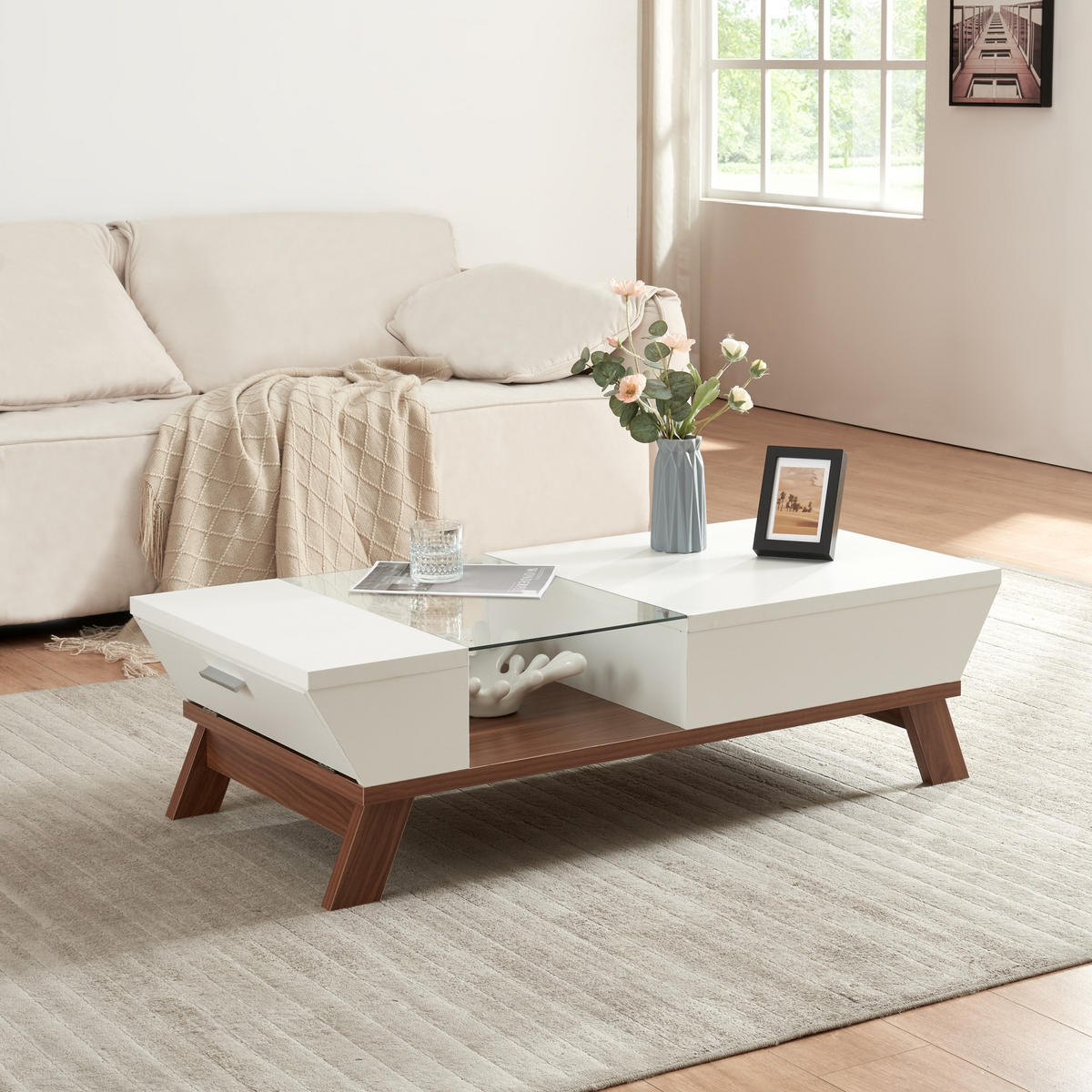 COUCHTISCH Ljusdal 120/55/33 cm - Walnussfarben/Weiß, Glas/Holzwerkstoff (55/120/33cm) - [en.casa]