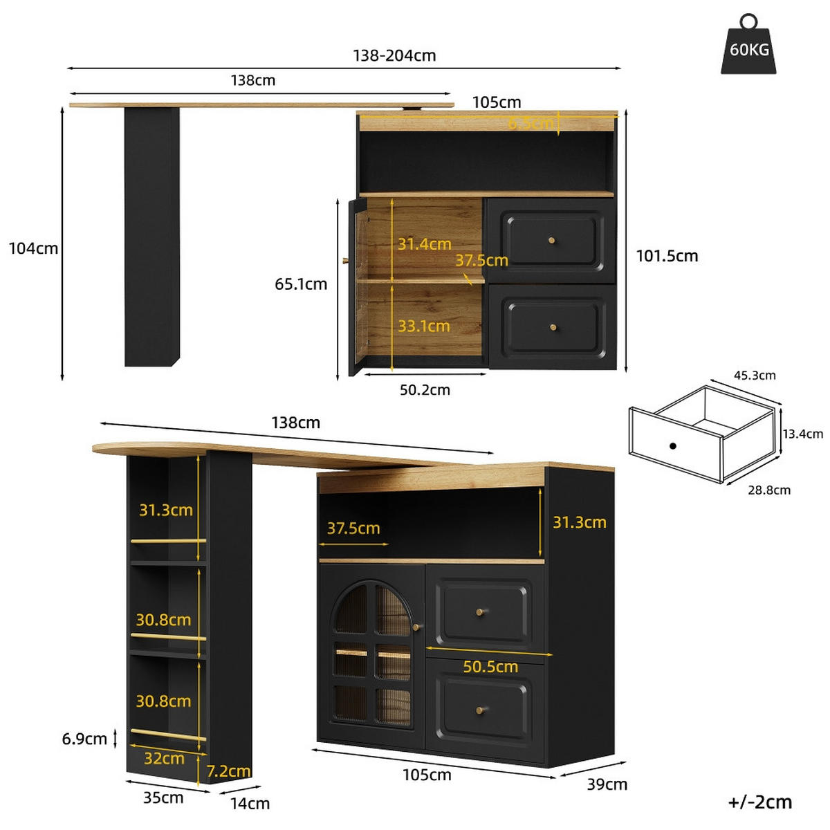 KÜCHENINSEL Stehtisch DREHBAR AUSZIEHBAR Essbar Sideboardschrank MDF Schwarz Wohnzimmer 138-204/39/104 cm - Schwarz, Kunststoff (39/104/138cm) - Rolipo