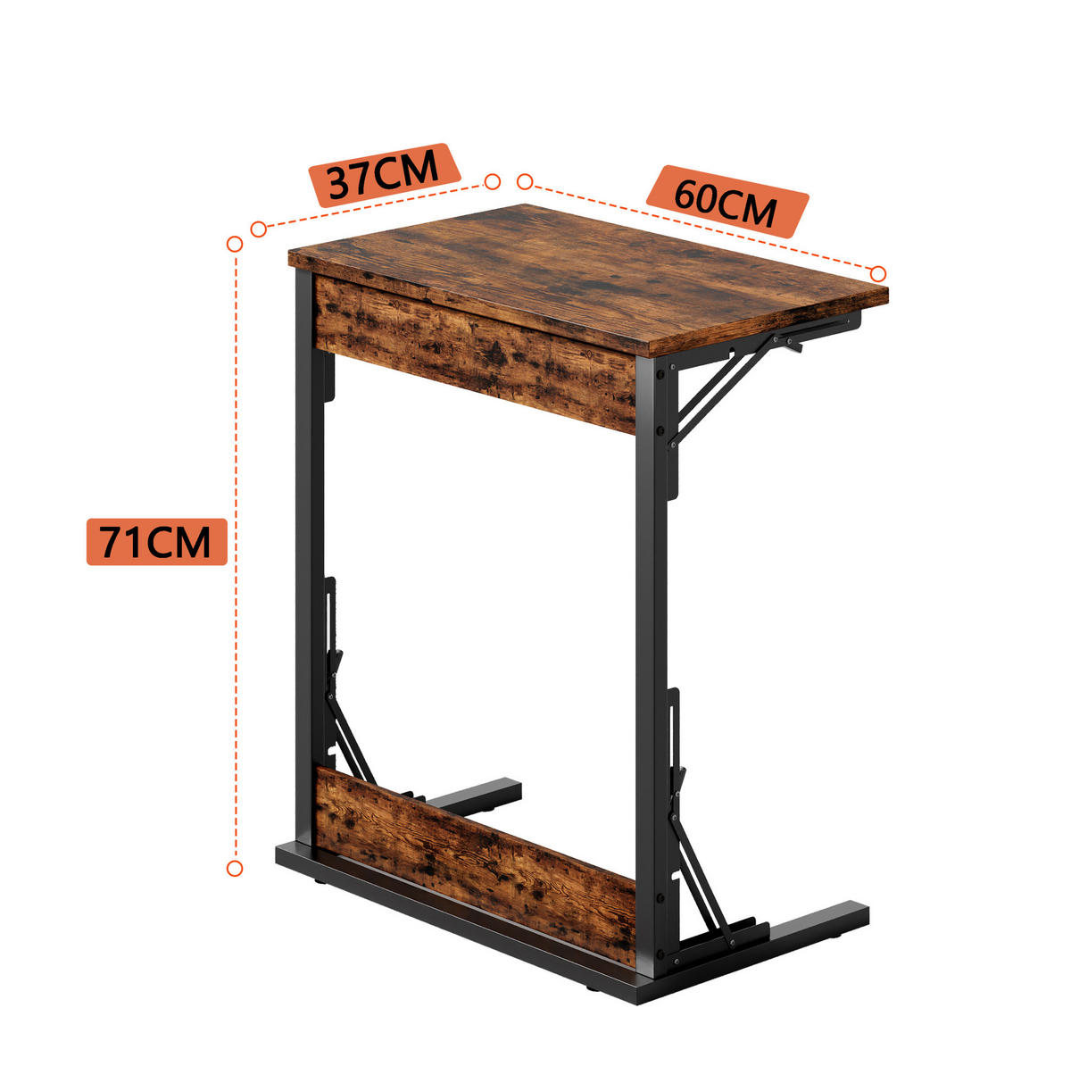 BEISTELLTISCH 37/60/71 cm klappbar mit verstellbaren Füßen und C-Form, platzsparend, Rustikalbraun - Braun, Holzwerkstoff (60/37/71cm) - Redom