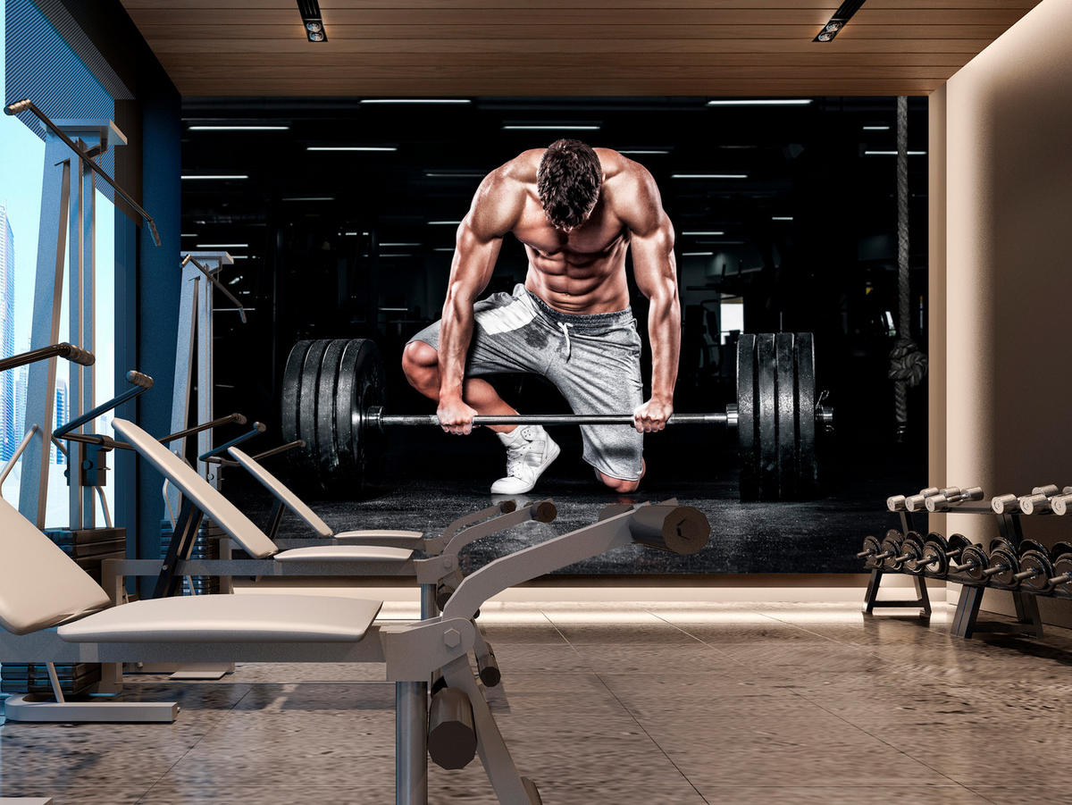 FOTOTAPETE Muskulöser Mann Fitnessstudio Training Sport 250x175 - Beige/Schwarz, Papier (250/175cm) - Muralo