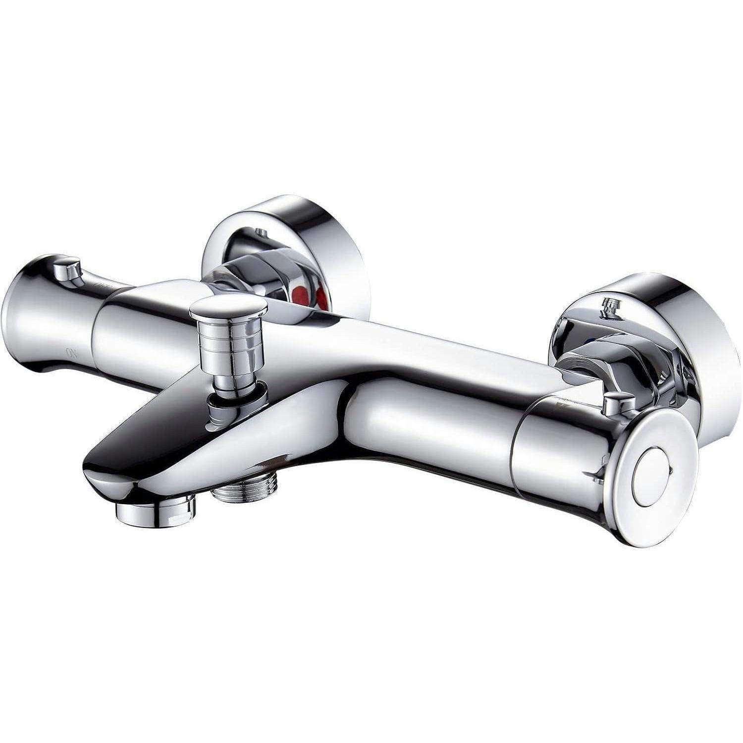 BADEWANNENARMATUR Thermostat Messing Chrom mit 38° Sicherheitstaste für Wandmontage - Silberfarben, Metall (15/10/25.5cm)