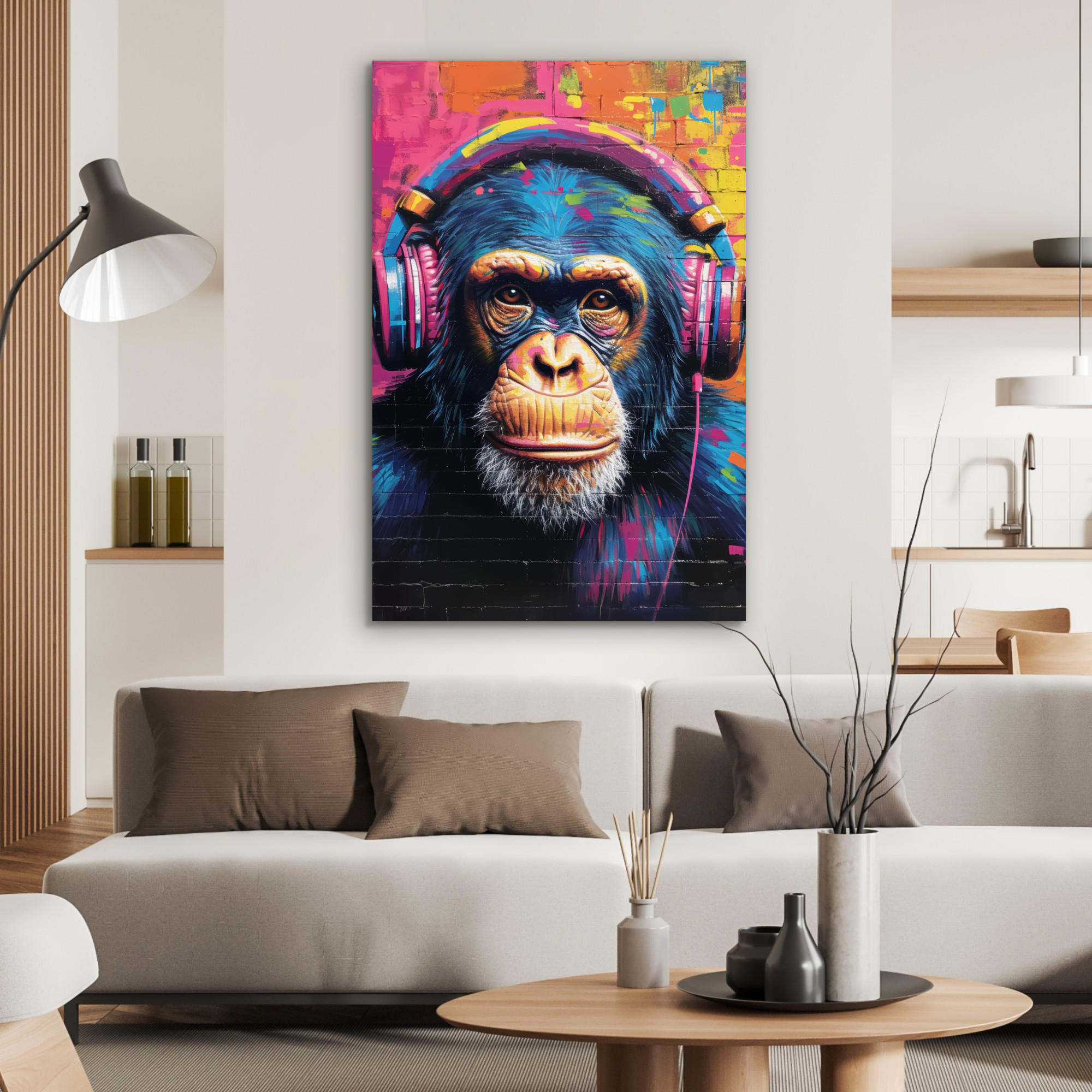 METALLBILD Graffiti - Schimpanse - Straßenkunst - Kopfhörer - Affe 60x90 cm - Blau, Metall (60/90cm) - MuchoWow