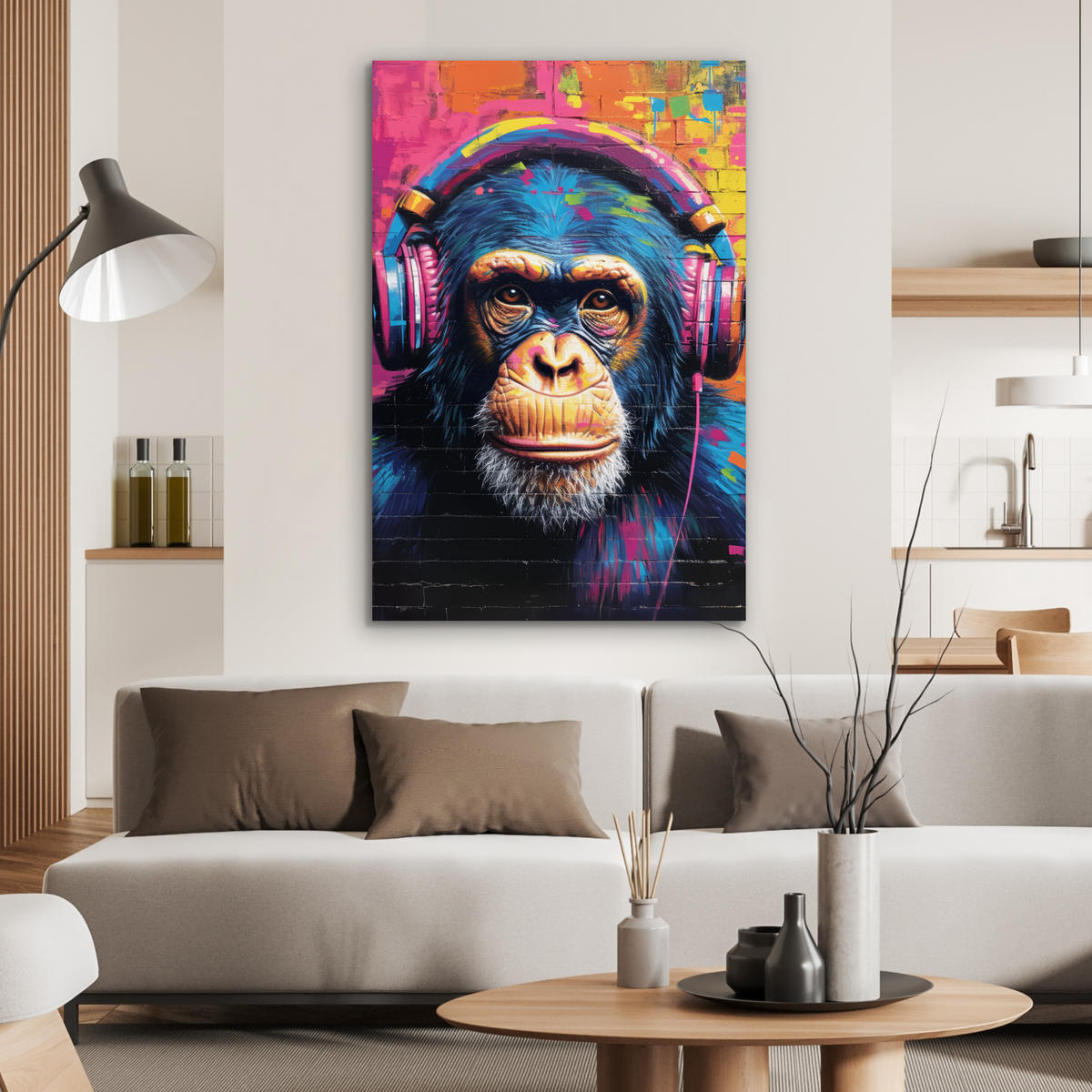 METALLBILD Graffiti - Schimpanse - Straßenkunst - Kopfhörer - Affe 60x90 cm - Blau, Metall (60/90cm) - MuchoWow
