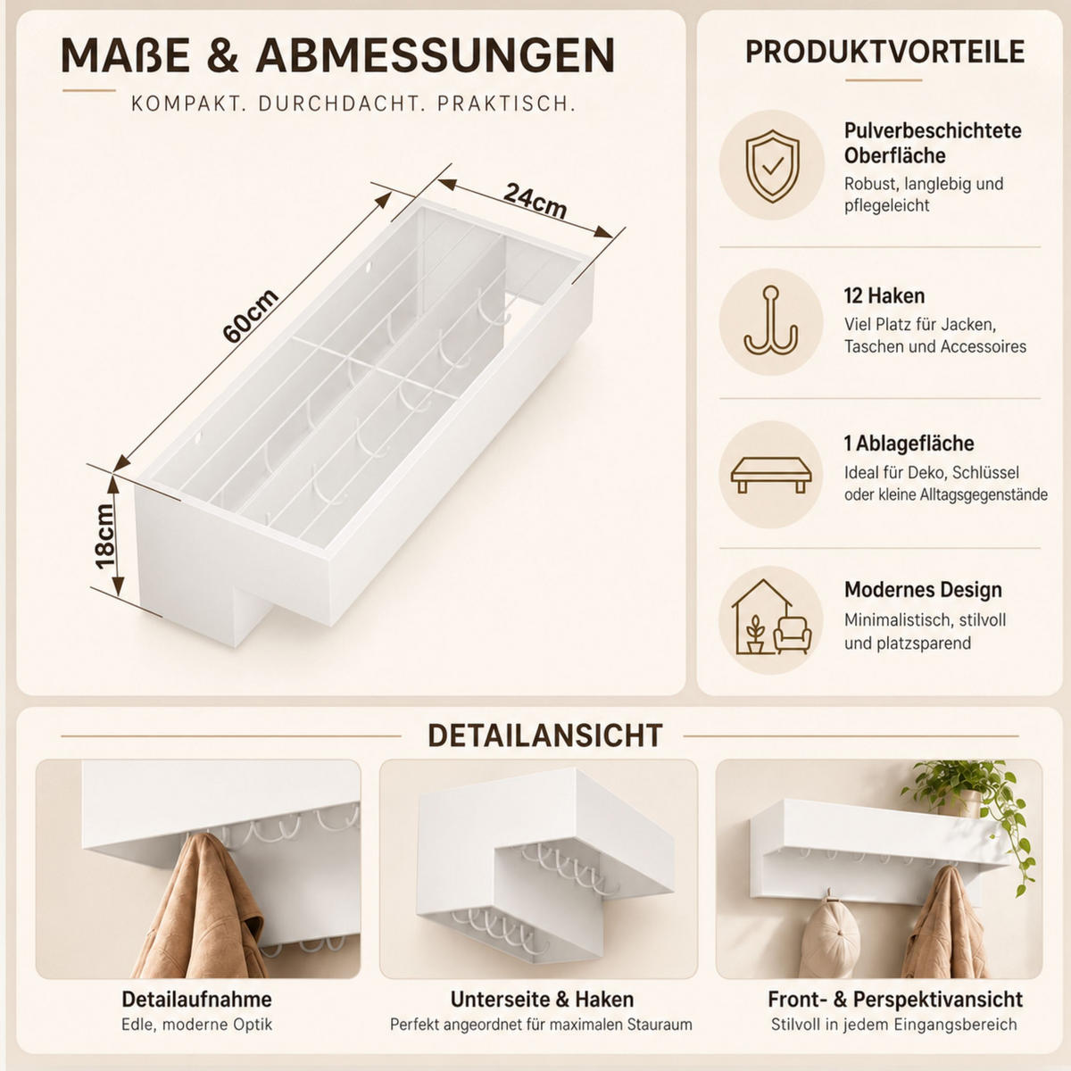 WANDGARDEROBE mit Ablage 60 cm Metall 96742 Weiß Garderobenleiste Hängegarderobe - Weiß, Metall (60/18/24cm) - DanDiBo