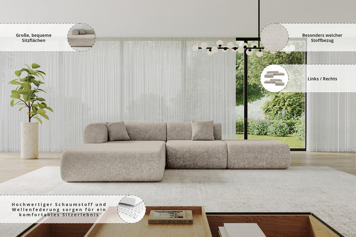 ECKSOFA Ottomane Links OVLY-L 289x176x71 Beige Chenille - Champagner/Beige, Holzwerkstoff/Kunststoff (176/289cm) - ALTDECOR