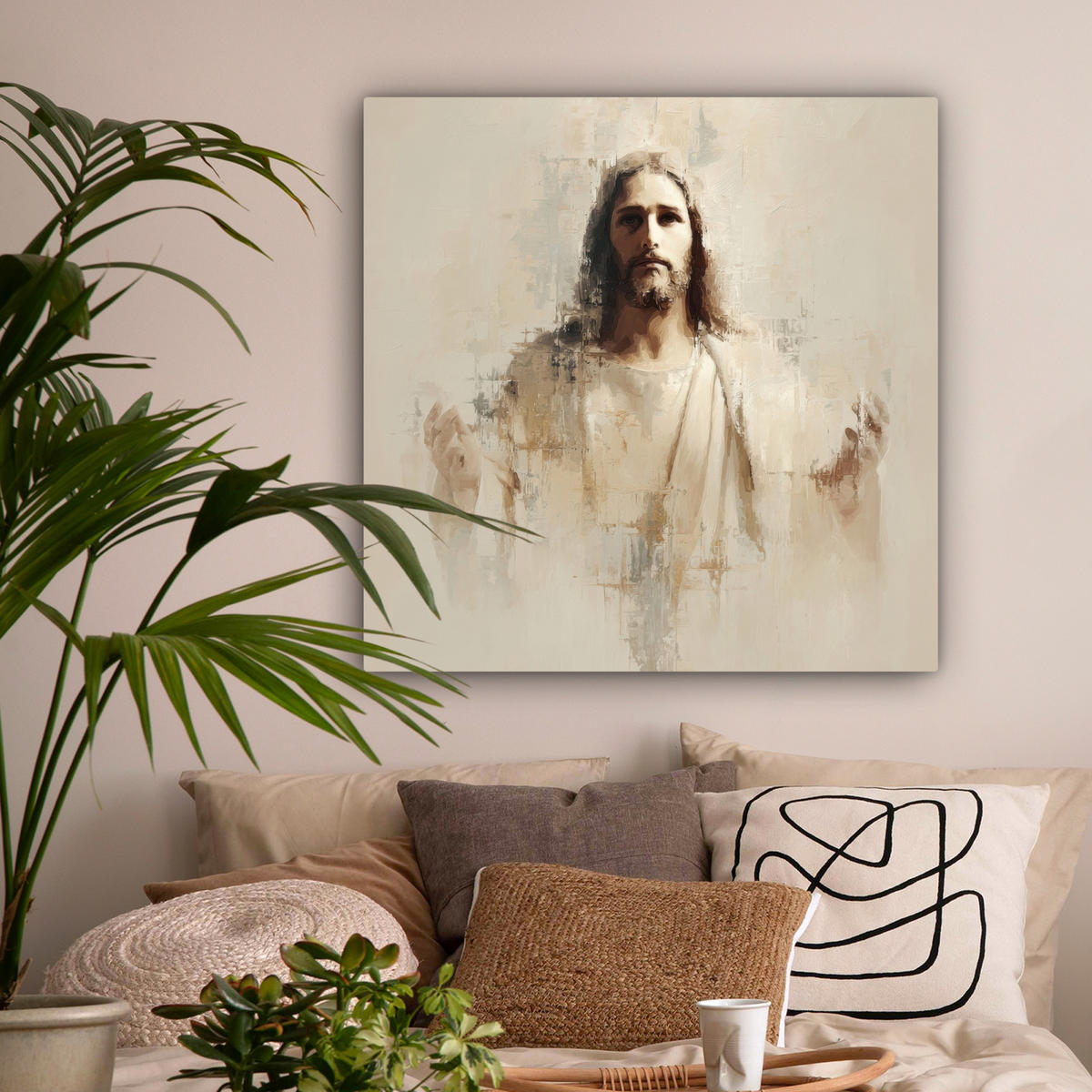 LEINWANDBILD Porträt - Abstrakt - Jesus - Beige Deko Groß 90x90 cm - Beige, Textil (90/90cm) - MuchoWow