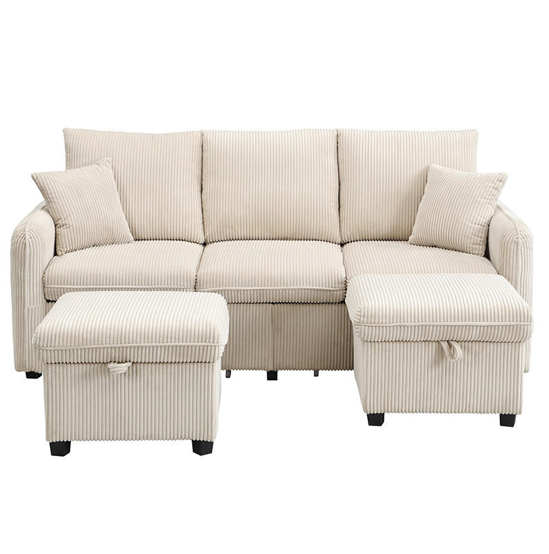 ECKSCHLAFSOFA 3-Sitzer Cord mit Stauraum und 2 Hocker Beige 188/186/86 cm - Beige, Textil (186/188cm) - Redom