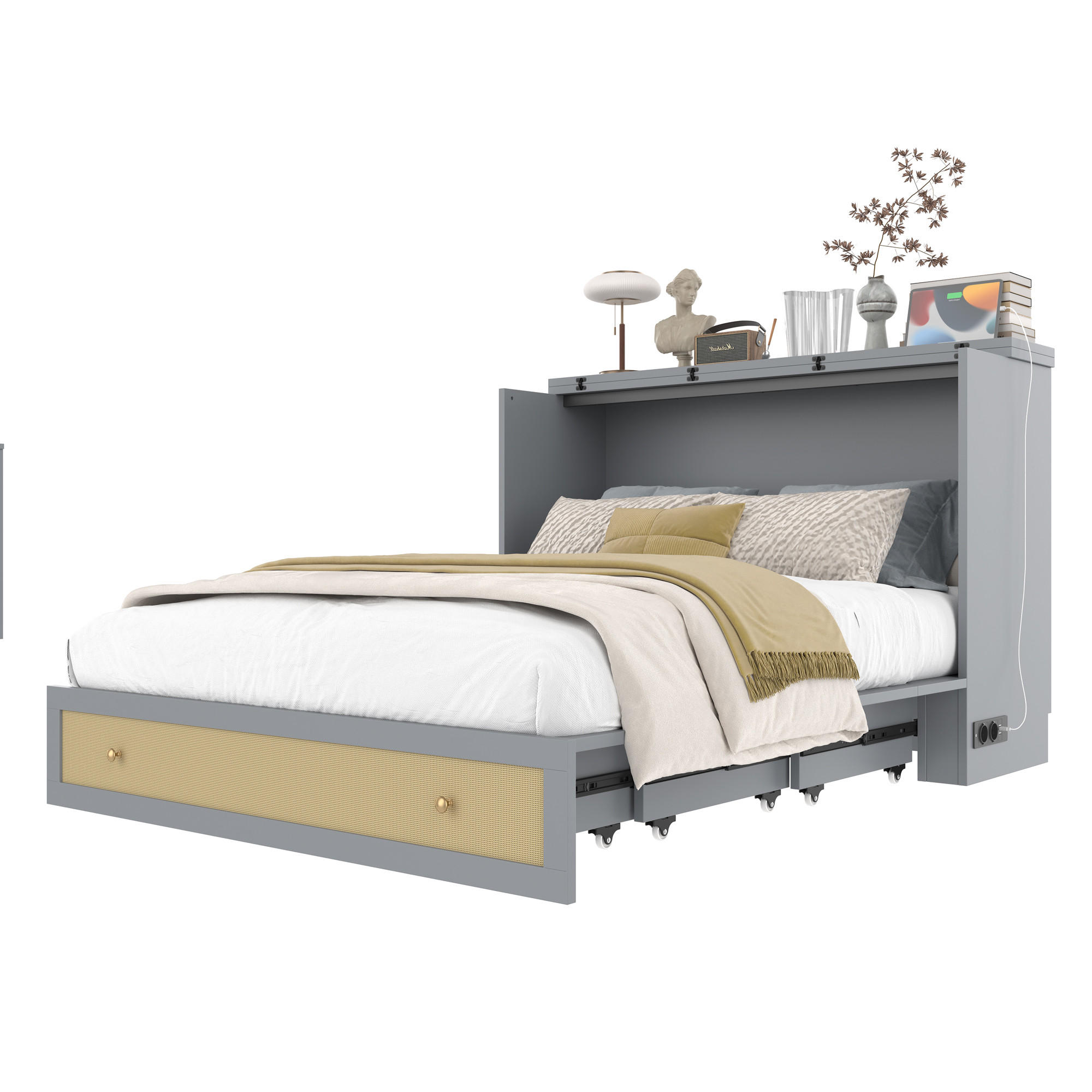 SCHRANKBETT 140x200cm Grau Schubladen Regal USB Steckdose mobiles Bett - Grau, Holz (140/200cm) - FLIEKS