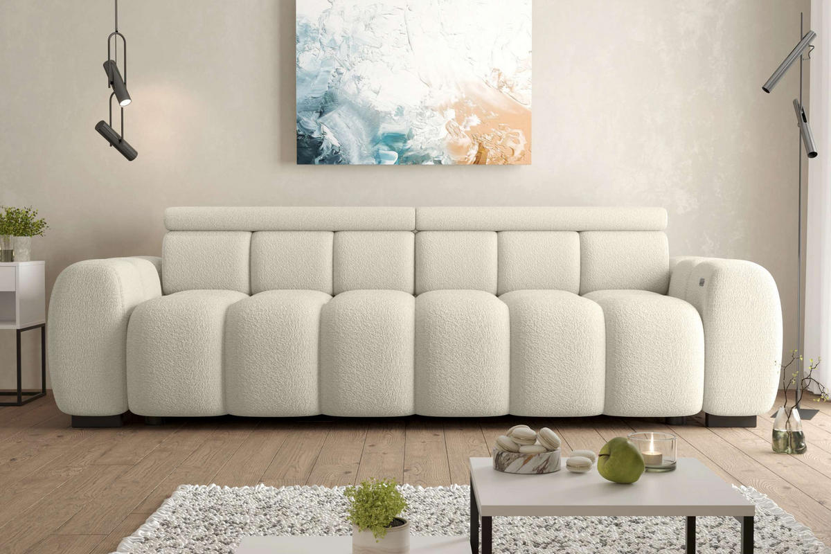 BIGSOFA ALESSIO Bouclé-Stoff Weiß mit elektrischer Sitztiefenverstellung - Weiß, Kunststoff/Textil (248/77/108cm) - 99rooms