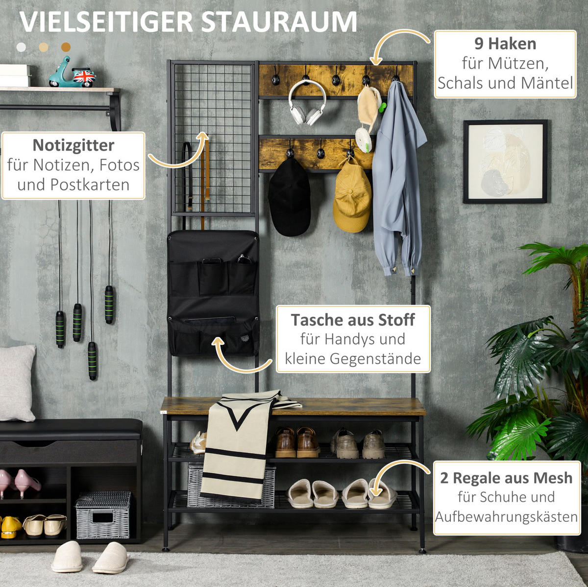 GARDEROBE 100/185/40 cm Braun aus Holzwerkstoff und Metall mit Sitzbank - Braun, Holzwerkstoff (40/185/100cm) - OKMYHOME