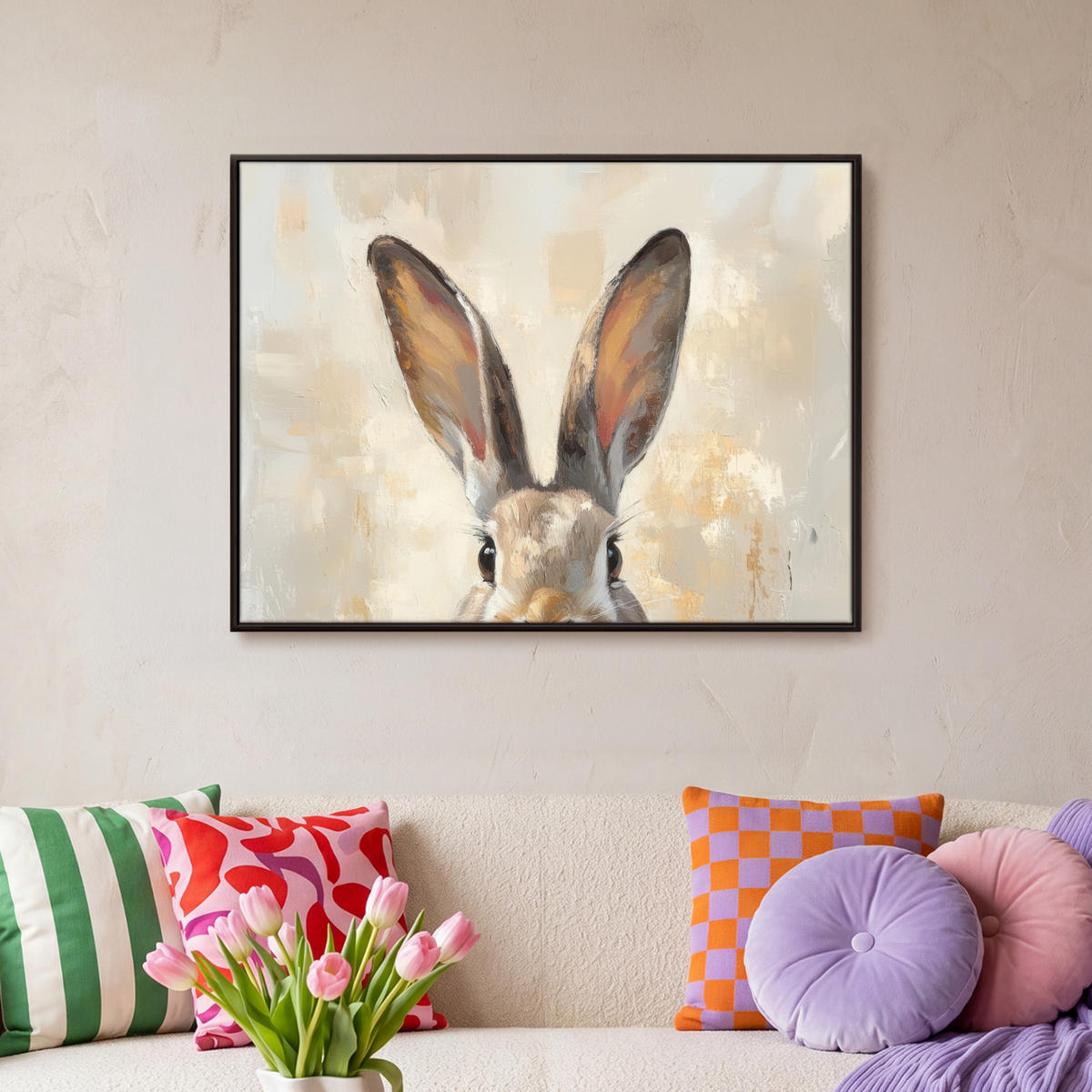 LEINWAND Bilder mit Rahmen - Hase - Ohren - Braun - 80x60 - Beige, Textil (80/60cm) - MuchoWow
