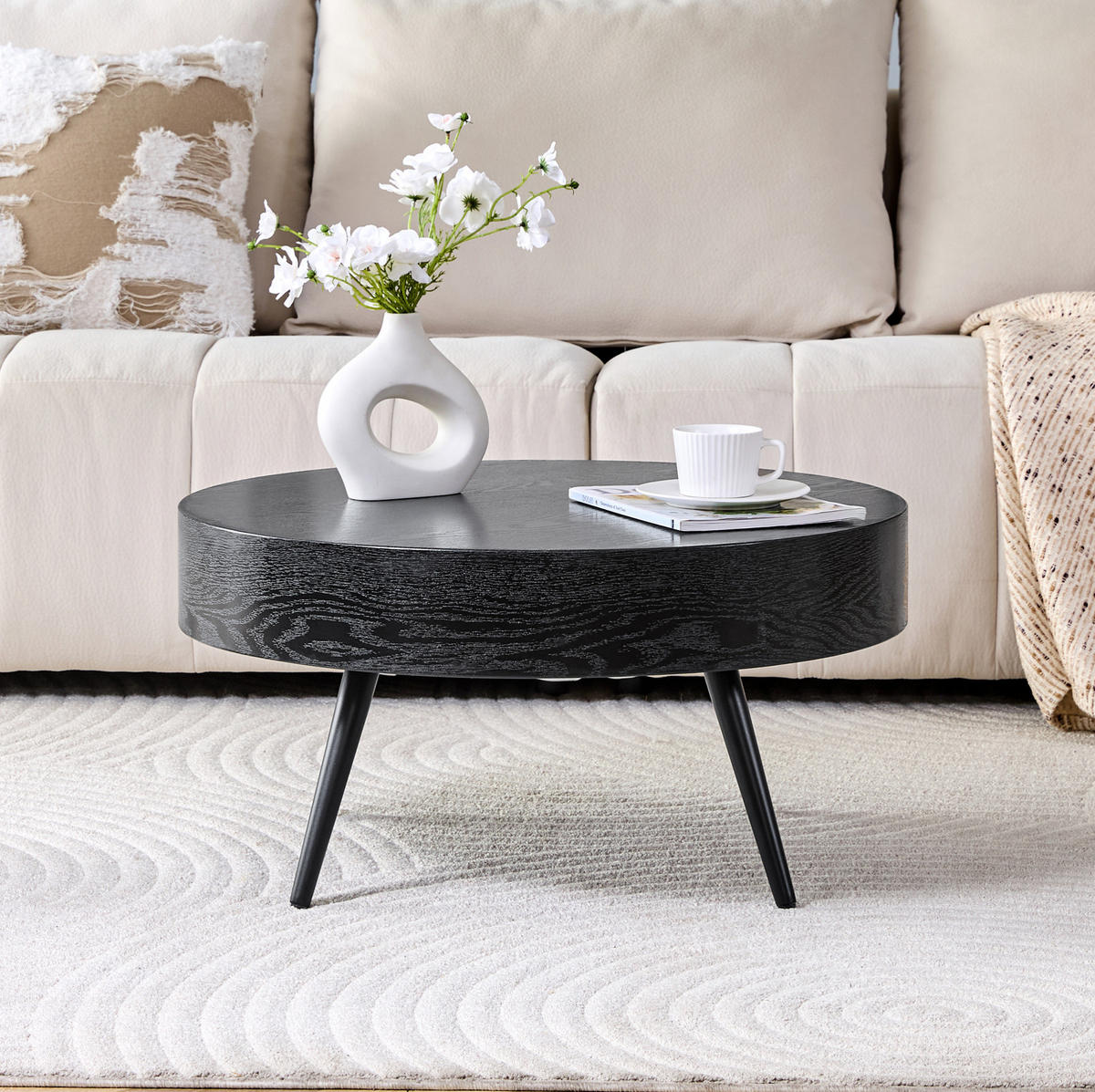 KONFERENČNÍ stolek 70/70/35,5 cm černý z MDF a kovu s kulatou deskou - černá, kompozitní dřevo (70/70/35.5cm) - OKWISH