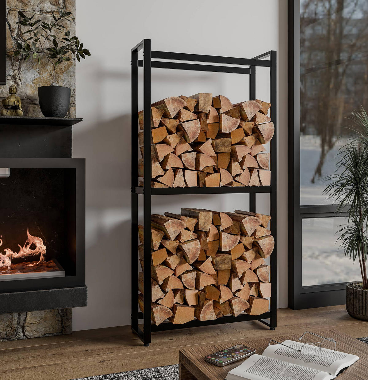 KAMINHOLZREGAL 75/25/150 cm Metall schwarz - Schwarz, Metall (75/150/25cm) - CLP