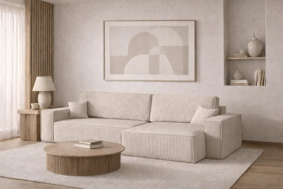 ECKSOFA Mit Schlaffunktion Und Bettkasten, Eckcouch BEST XL Stoff Poso Dicker Cord Beige Rechts - Beige/Schwarz, Holz/Kunststoff (142/83/274cm) - Kaiser Möbel