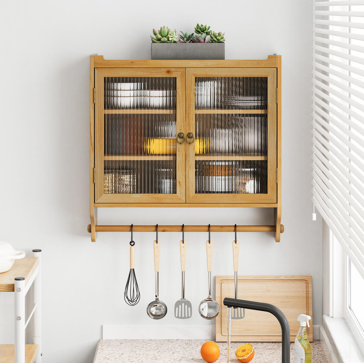 KÜCHENOBERSCHRANK 63/18/60 cm aus Massivholz und MDF mit geriffeltem Glas und Handtuchhalter Natur - Naturfarben, Holzwerkstoff (63/60/18cm) - Modenvie