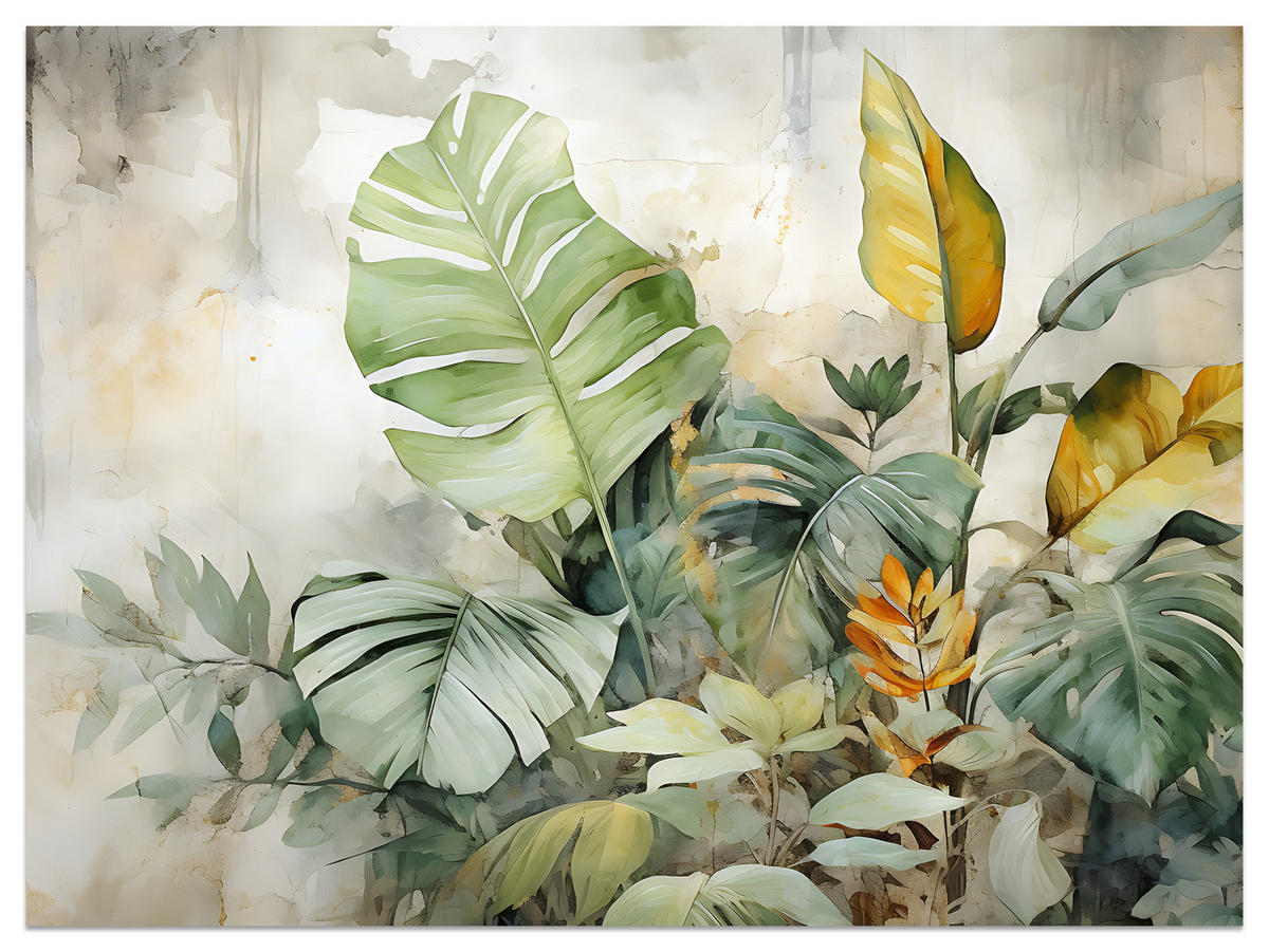 FOTOTAPETE für Wohnzimmer Tropische Blätter Aquarell Abstrakt 150x105 - Gelb/Beige, Papier (150/105cm) - Muralo