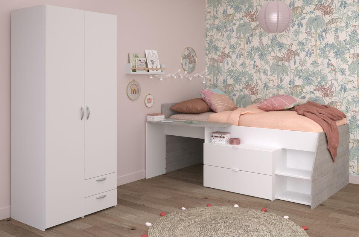 KINDERZIMMER weiß, grau, Komplett-Set 2-teilig mit Stauraumbett, Kleiderschrank - Silberfarben/Weiß, Holzwerkstoff/Kunststoff (135/185/203cm) - Parisot Meuble