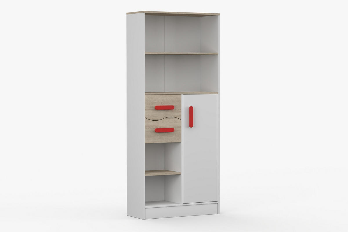 REGAL MIKI 05 Korpus Weiß | Griffe Rot - Rot/Weiß, Holz/Holzwerkstoff (80/187/33cm) - Deine Möbel 24