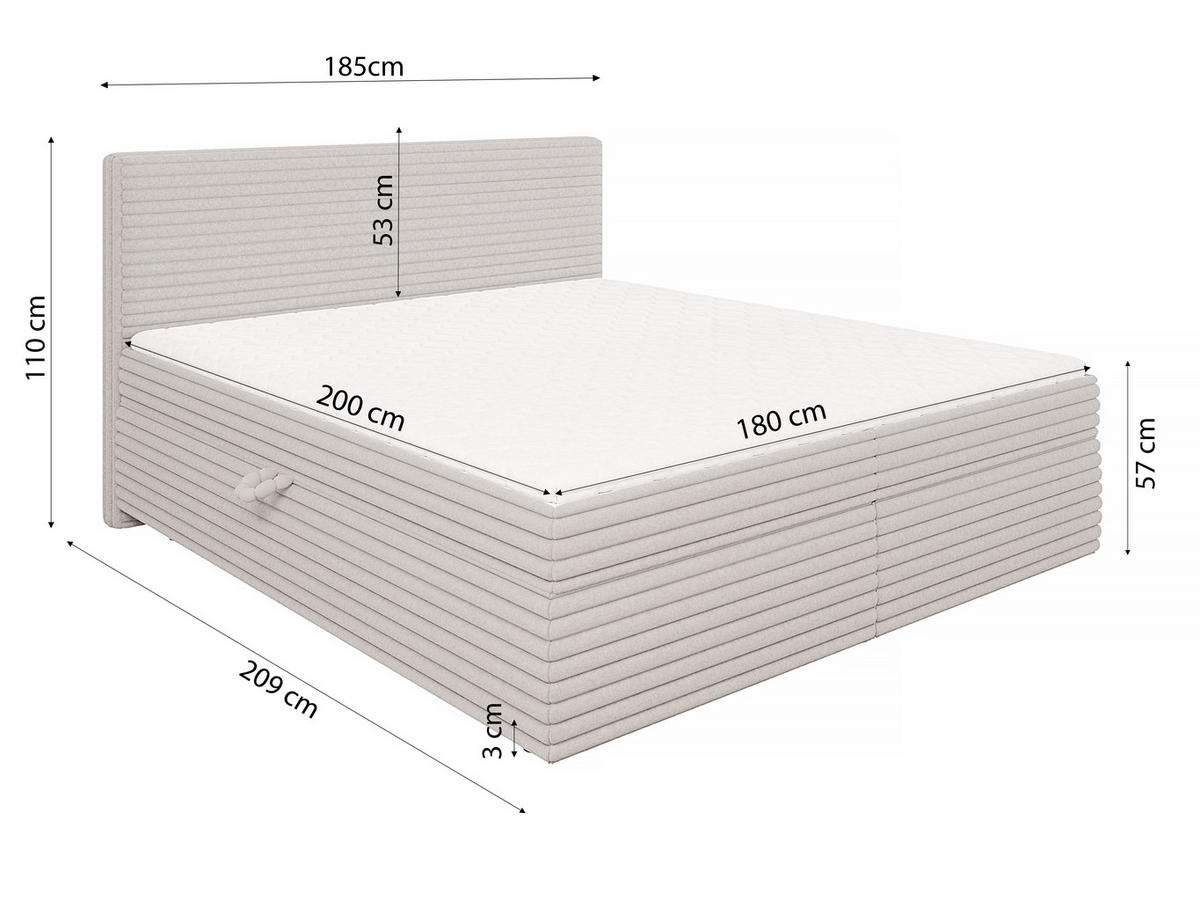 BOXBETT Roma 180/200 cm Hellgrau Plüschcord - Hellgrau/Schwarz, Holz/Kunststoff (180/200cm) - S-Style Möbel