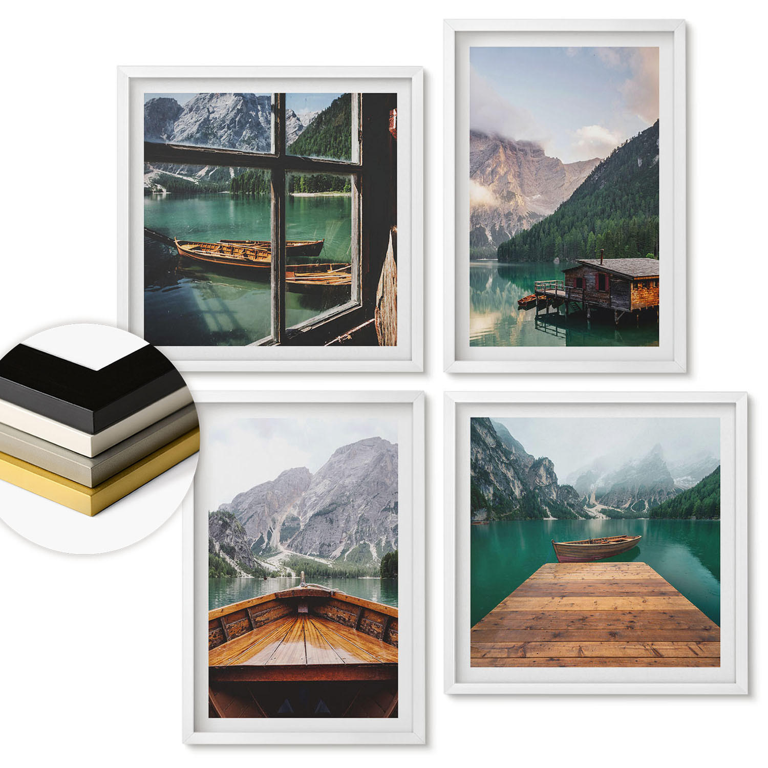 WANDBILDER 4er-Set - 50x50 cm & 40x60 cm Weißer Rahmen - Berglandschaften, Ferienhäuser, Boote - Weiß, Kunststoff (50/50cm) - ArtPrintCave