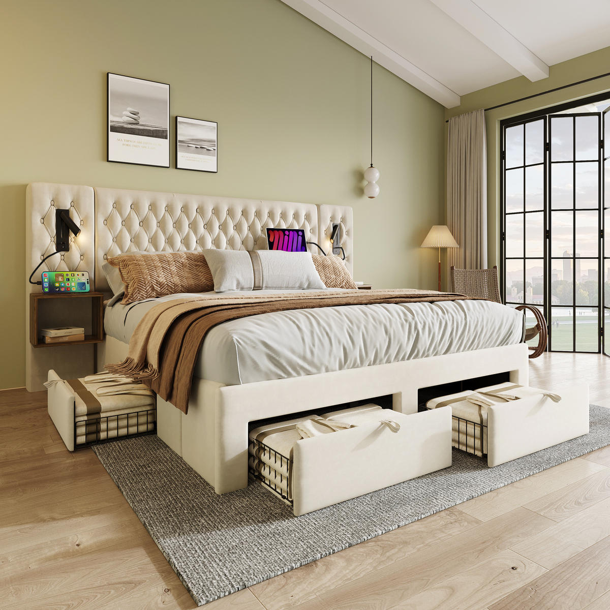 POLSTERBETT 160/200 cm mit 4 Schubladen, 2 Nachttischen, LED-Leselicht & USB/Type-C, Beige - Beige, Textil (160/200cm) - Redom